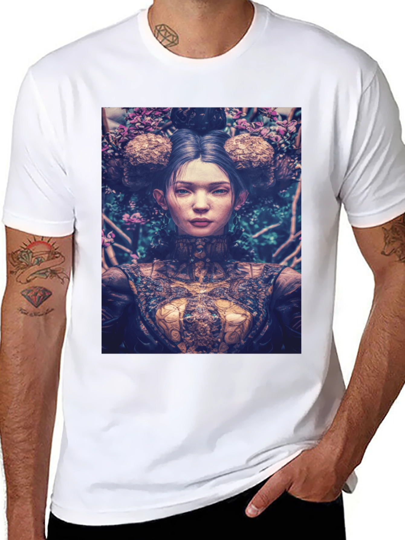 Black Artistic Floral Portrait Graphic Tee - Black view 8