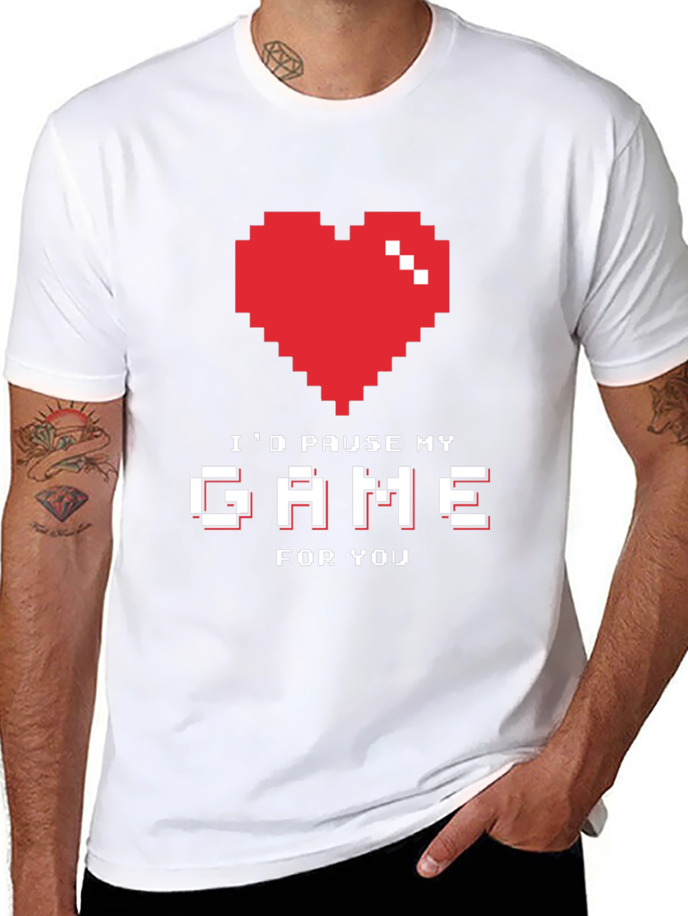 Black Gamer Love T-Shirt - I'd Pause My Game For You - Pixel Heart view 8