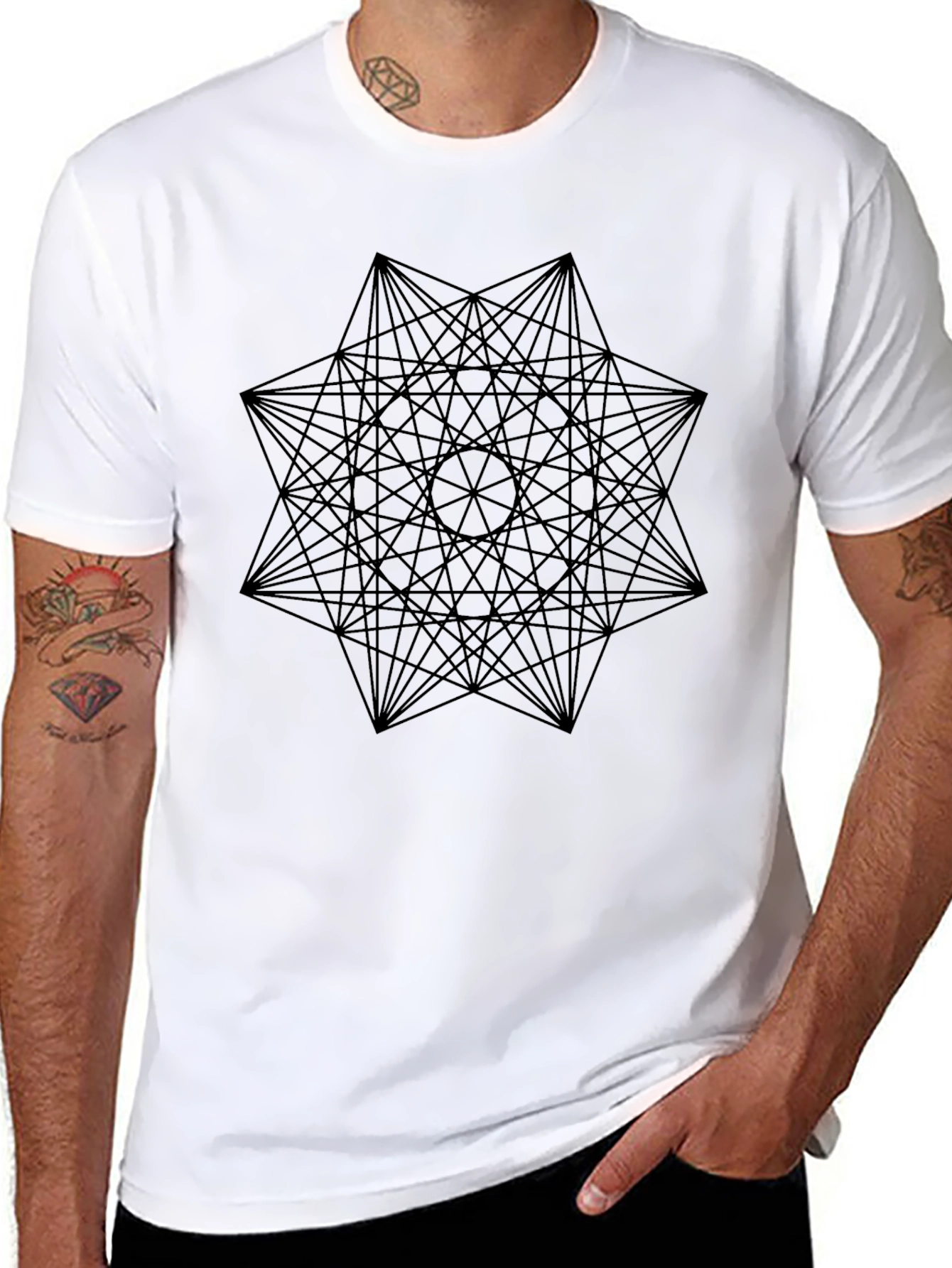 Black Geometric Starburst Graphic Tee - Black Cotton Casual T-Shirt view 8