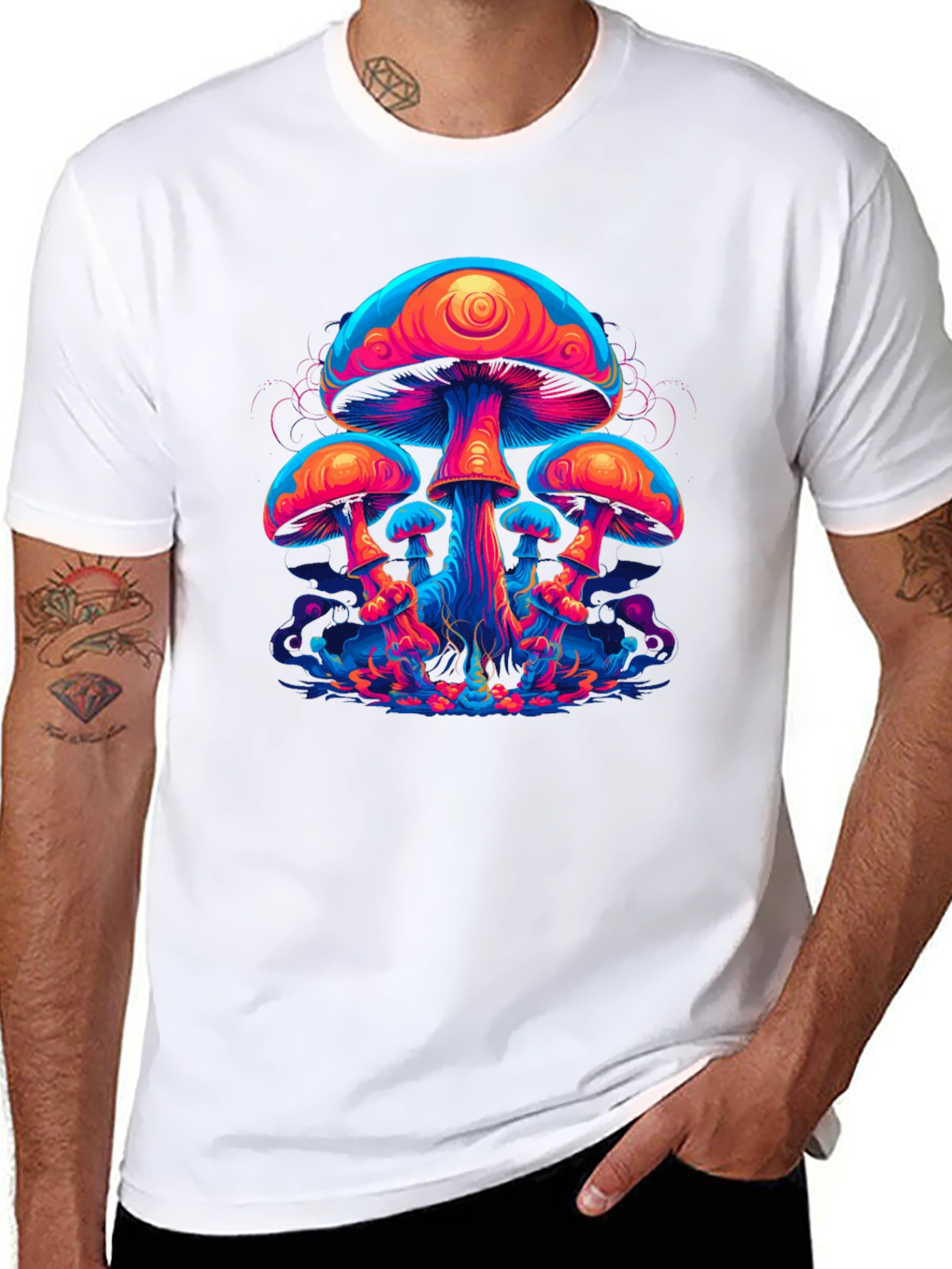 Black Neon Mushroom Graphic Tee - Psychedelic Black T-Shirt view 8
