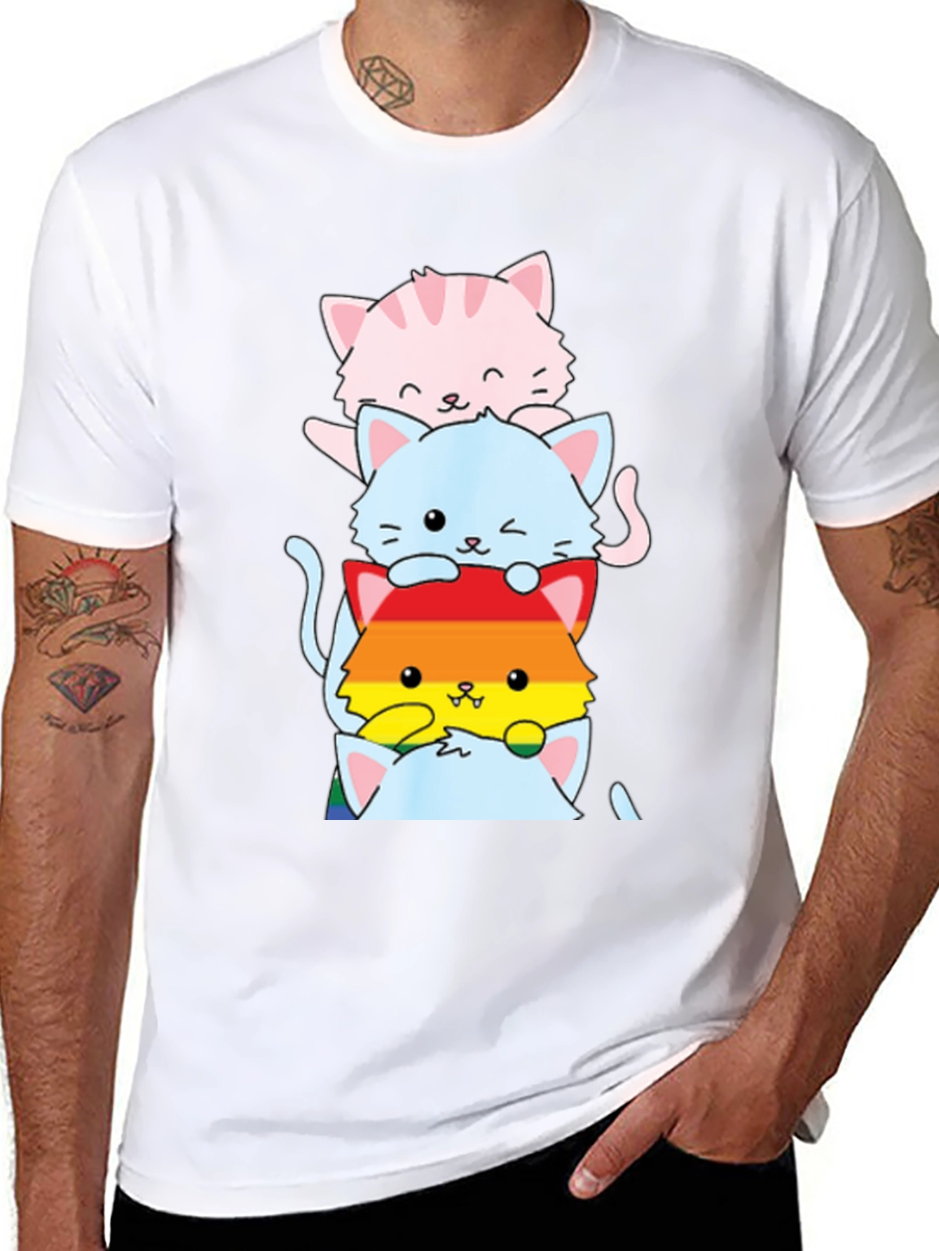 Black Stacked LGBTQ+ Cats T-Shirt view 8