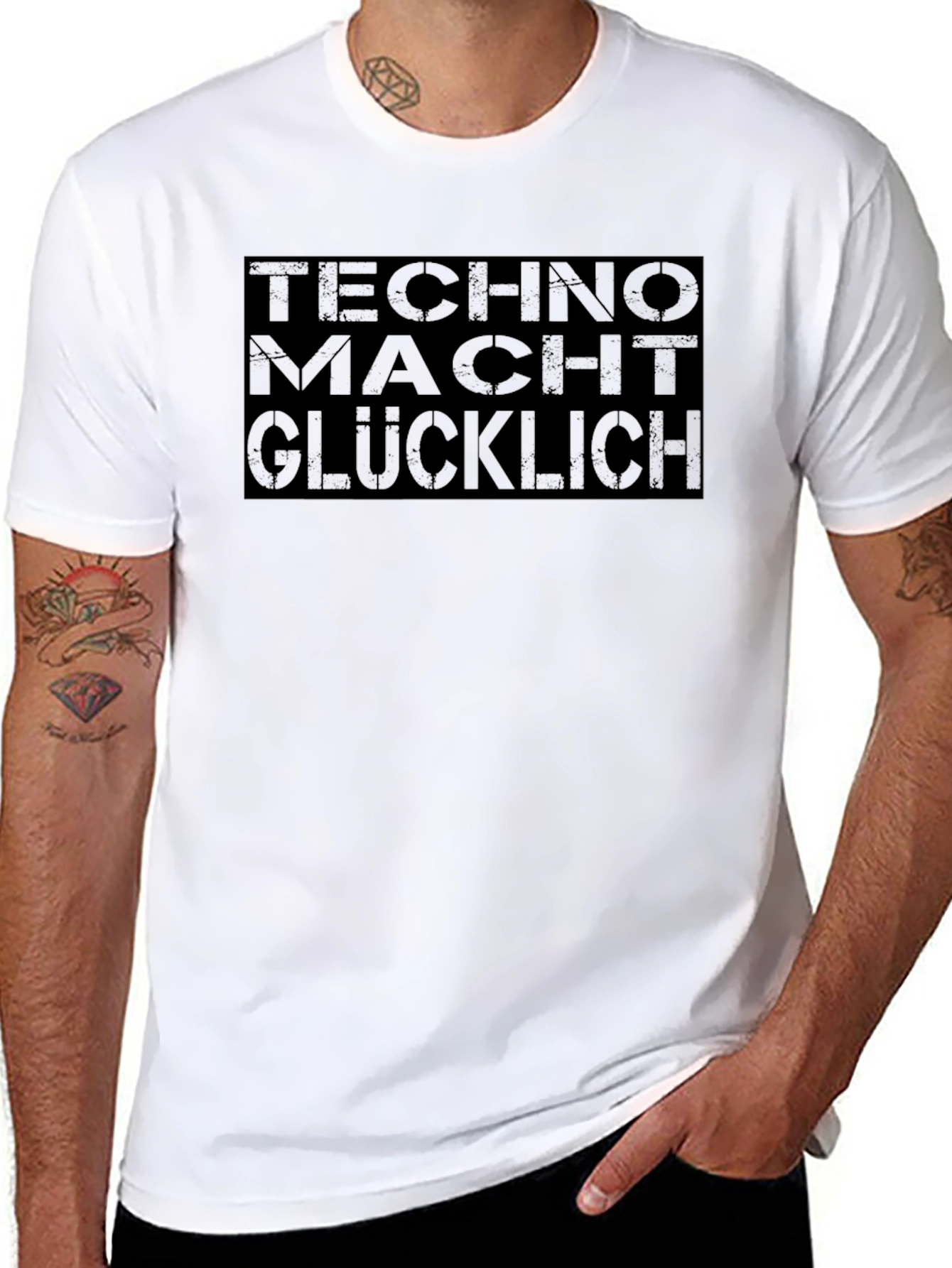 Black Techno Macht Glucklich Graphic Tee - Men's Black Shirt view 8