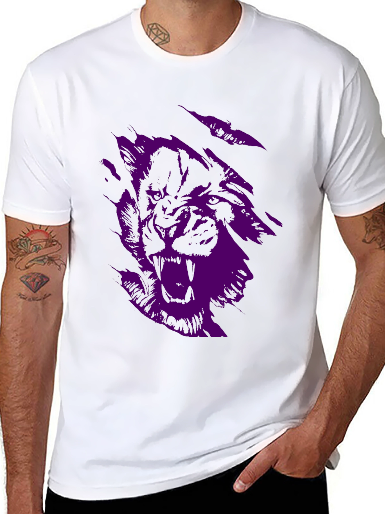 Black Men's Black Graphic Tee - Purple Wolf Design view 8