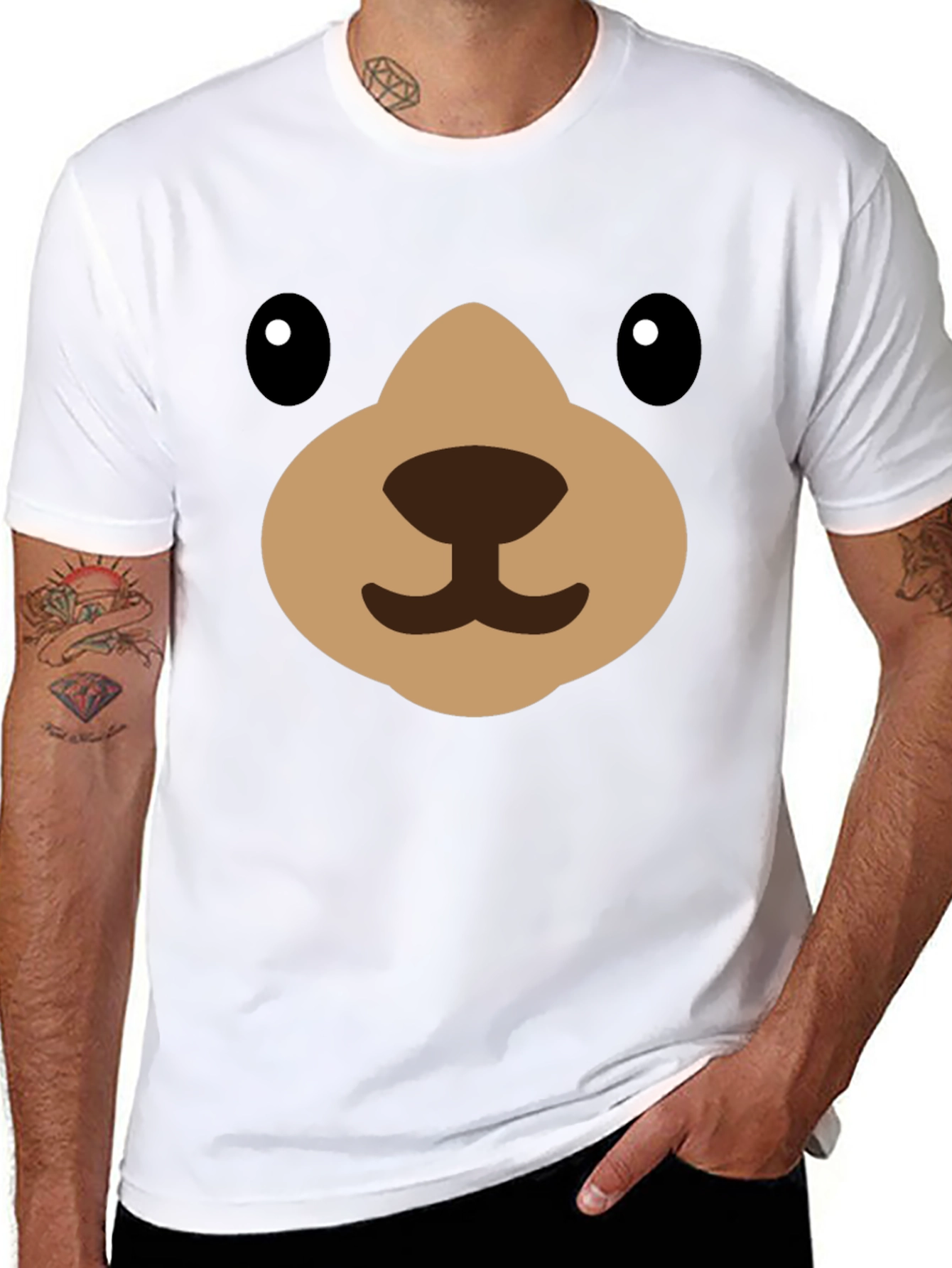 Black Cute Cartoon Bear Face Black T-Shirt view 8
