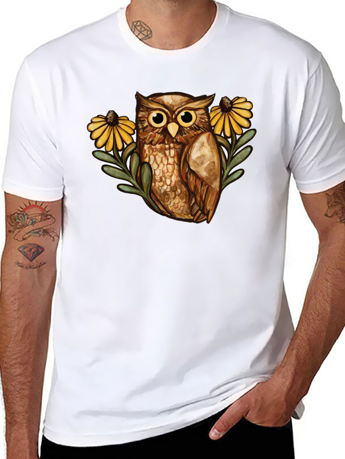 Black Owl and Sunflower Graphic Tee - Black view 8