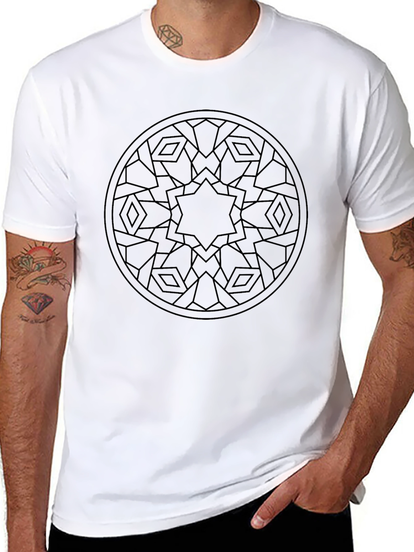 Black Geometric Star Mandala Black T-Shirt view 8