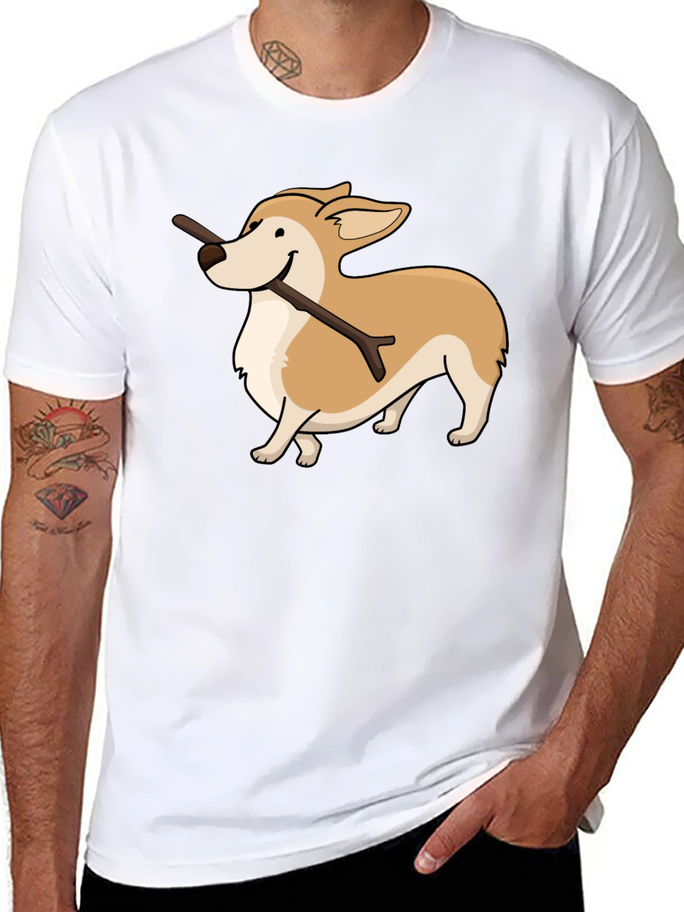 Black Corgi With Stick Graphic T-Shirt view 8