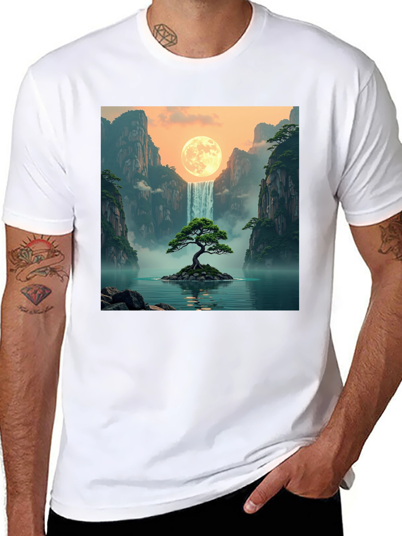 Black Waterfall Moon Bonsai Tree Graphic T-Shirt view 8