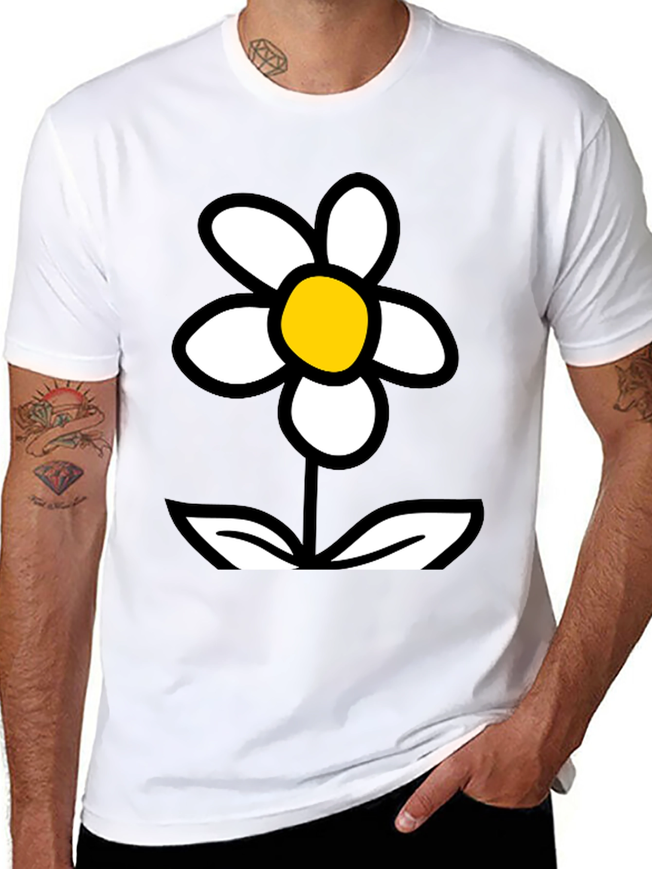 Black Daisy Flower Graphic Tee - Black Cotton T-Shirt view 8