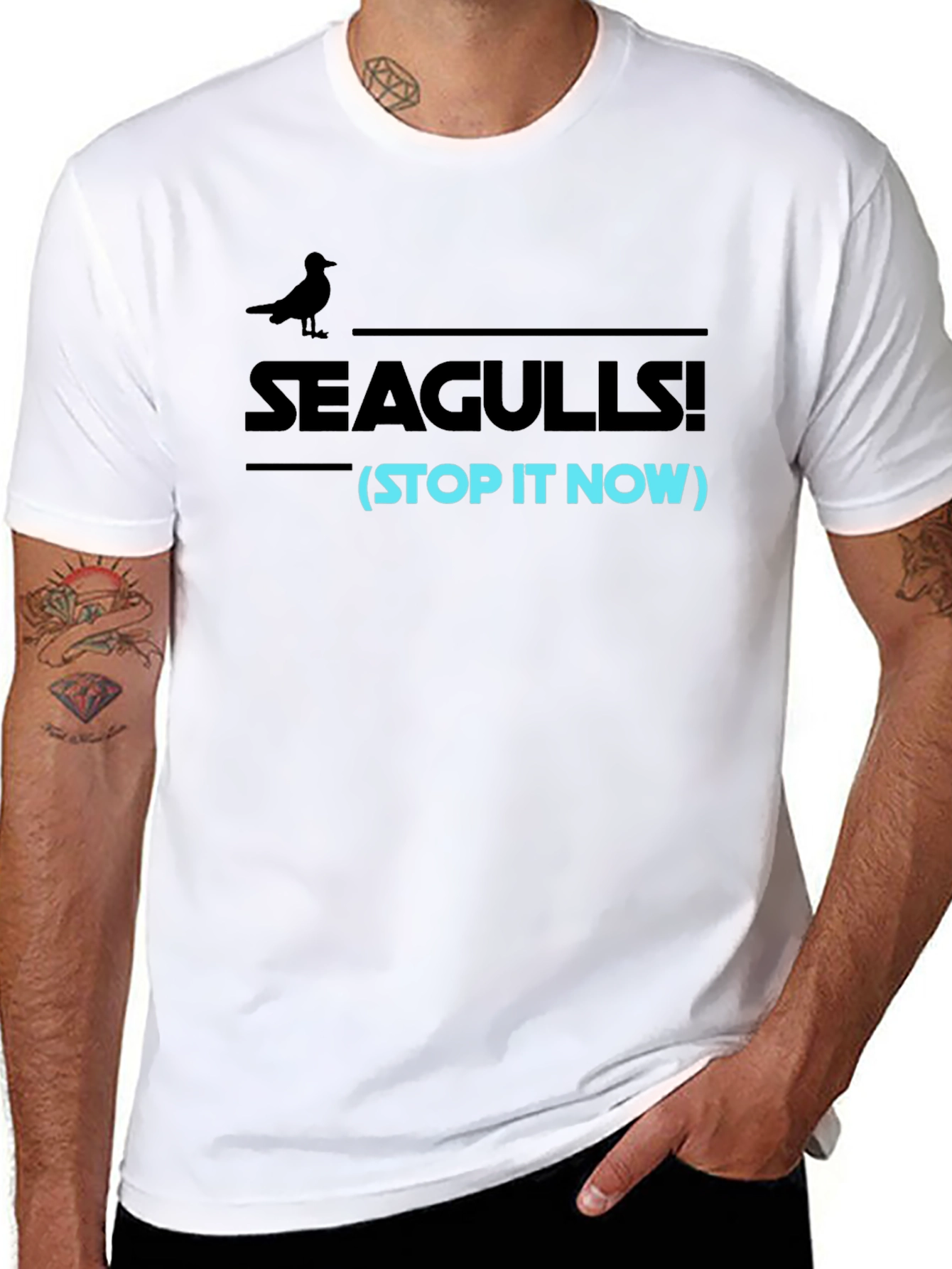 Black Seagulls Stop It Now Funny Graphic Tee view 8
