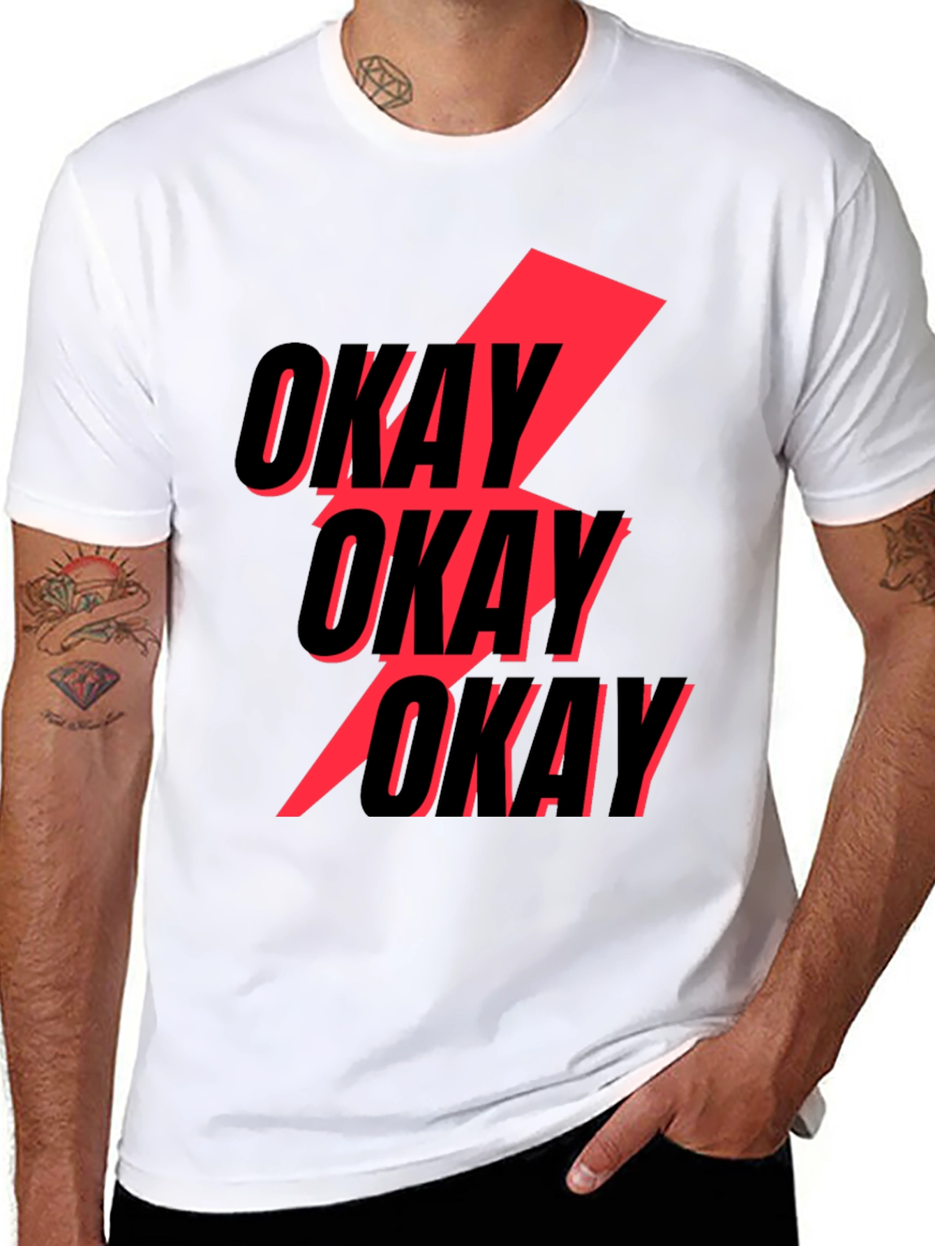 Black Okay Graphic T-Shirt - Bold Red Lightning Bolt Design view 8