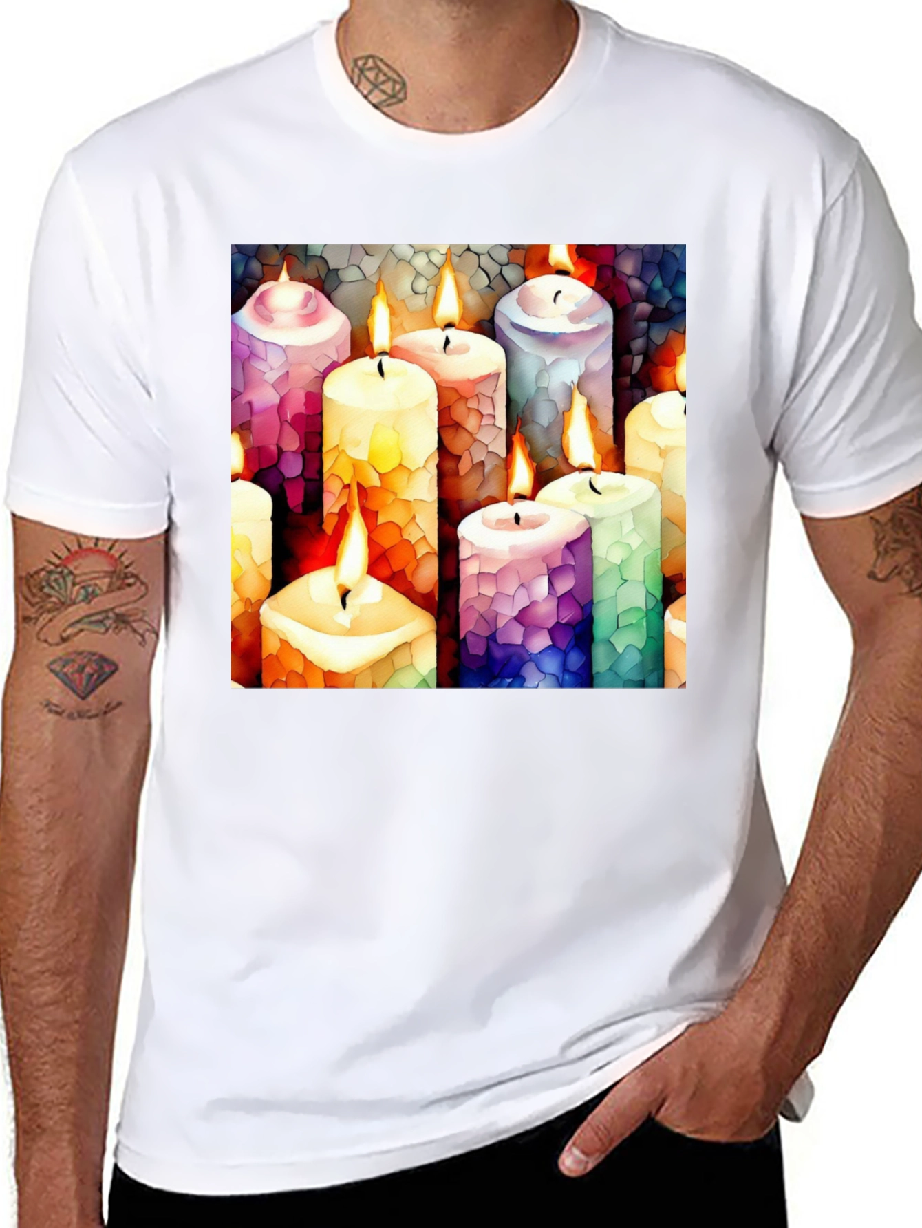 Black Artistic Candle Print Black T-Shirt view 8