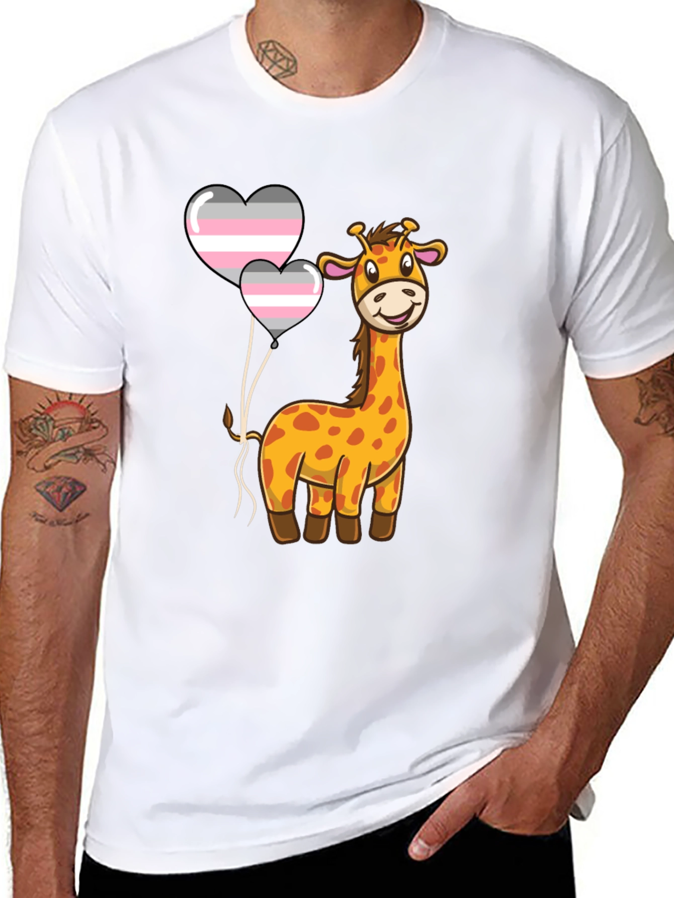 Black Giraffe with Demigender Pride Balloons T-Shirt view 8