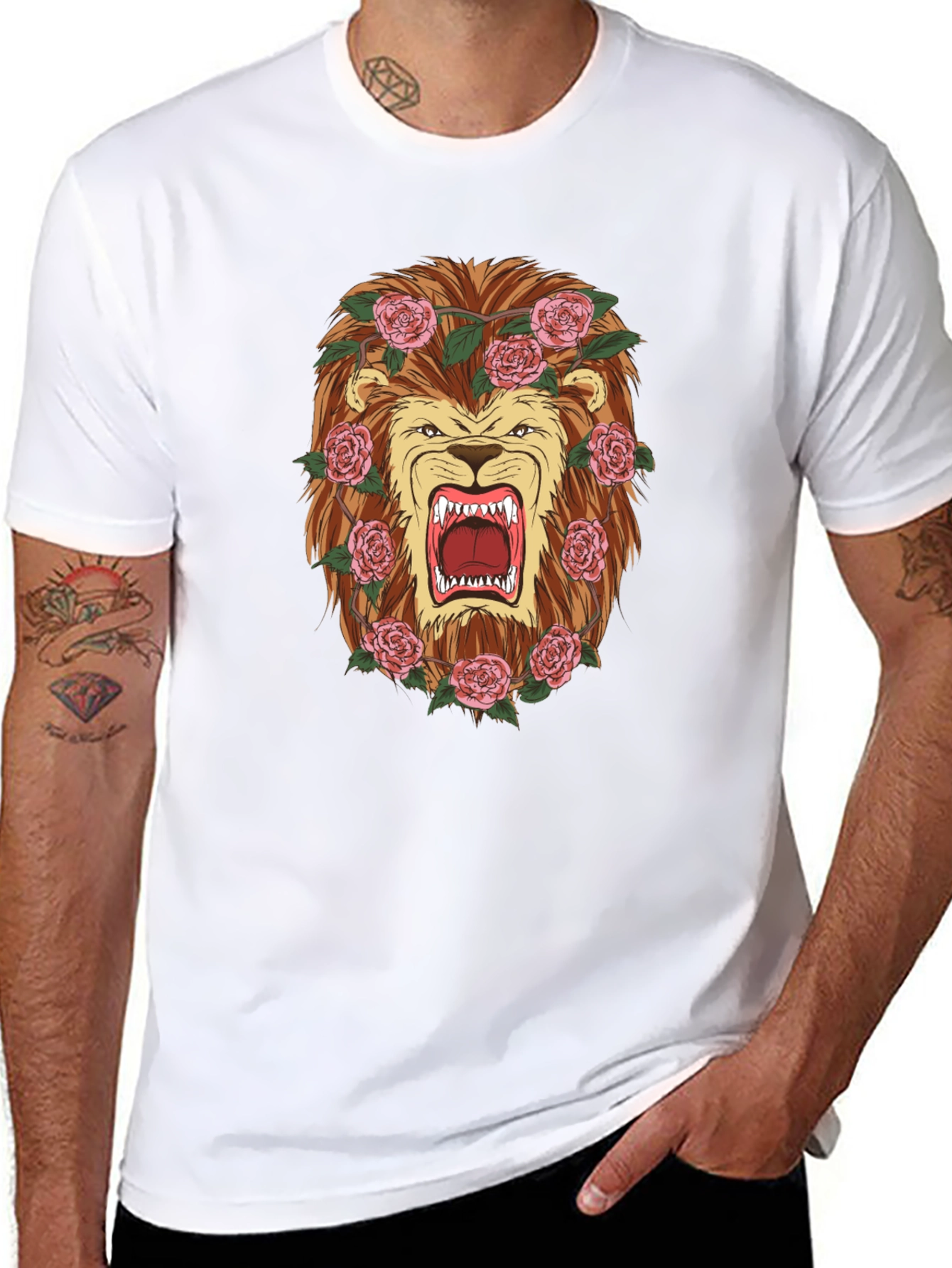 Black Lion & Roses Graphic T-Shirt - Men's Black Tee view 8