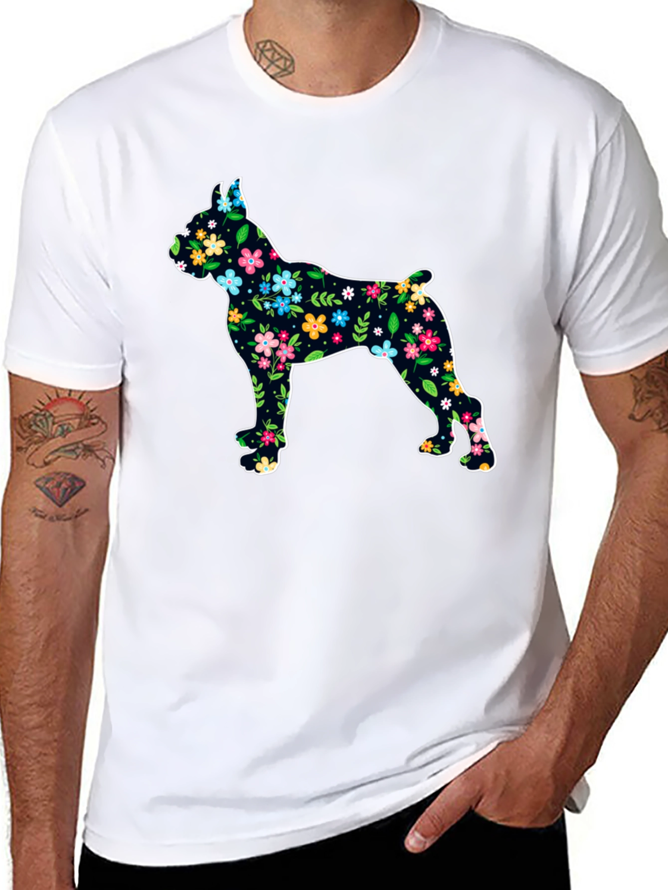 Black Floral Dog Silhouette Black T-Shirt view 8