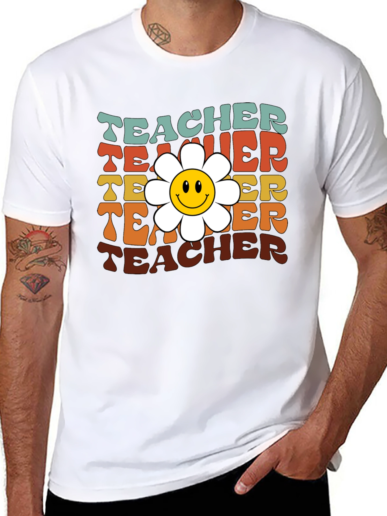 Black Retro Teacher Smiley Flower T-Shirt view 8