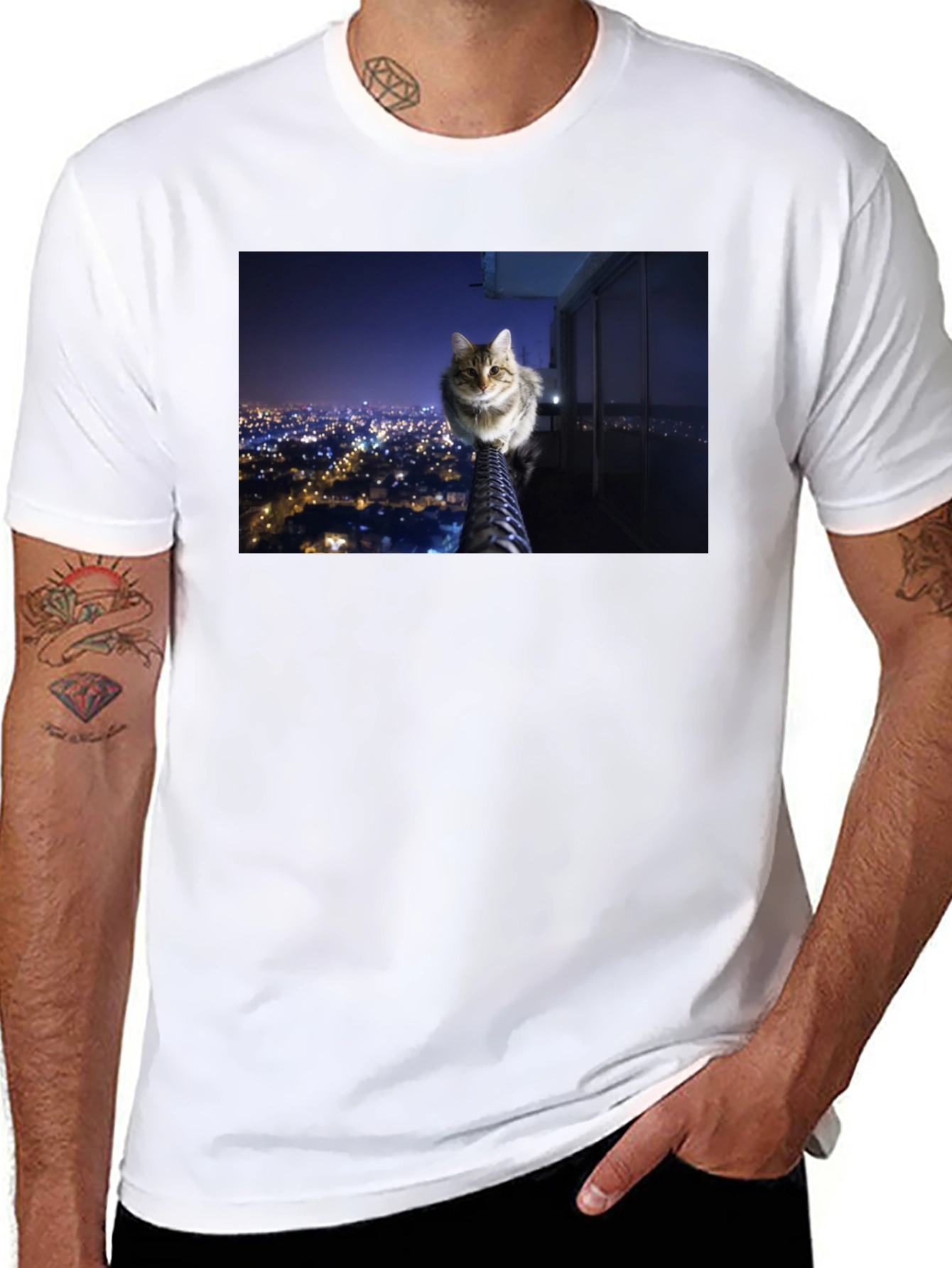 Black Cat on City View T-Shirt view 8