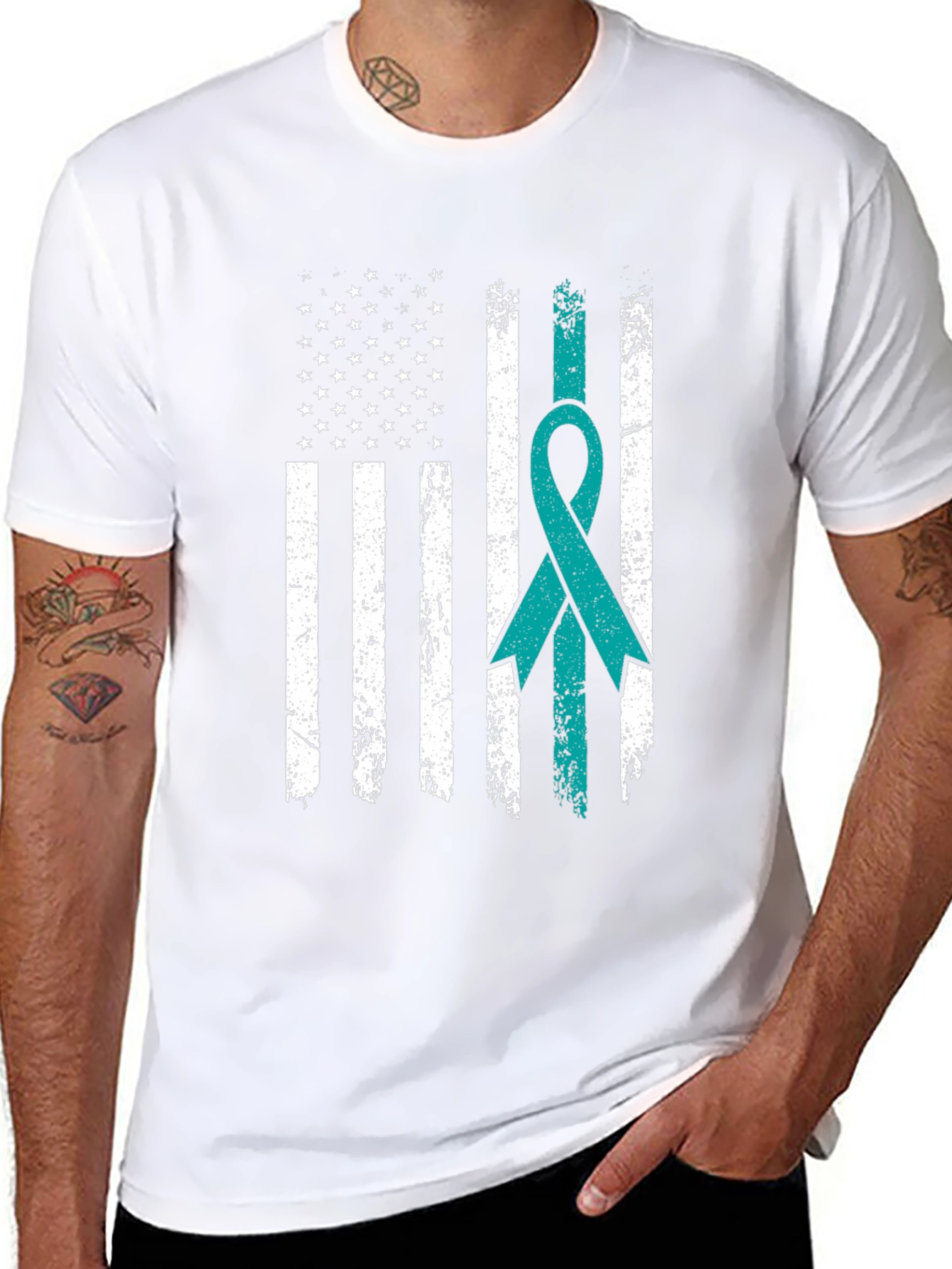 Distressed American Flag Awareness Ribbon T-Shirt - 8
