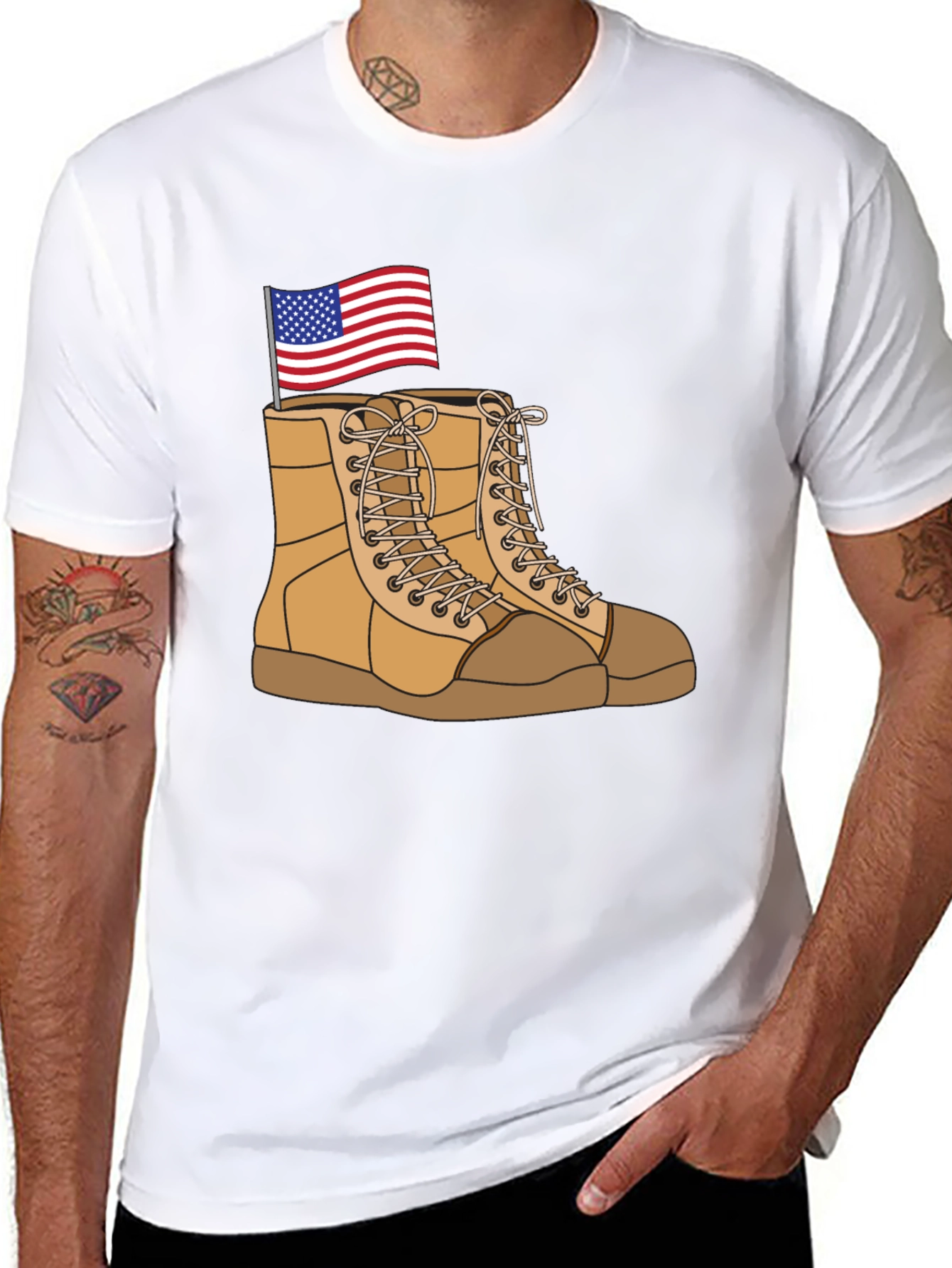 Black Graphic Tee with Boots and Flag Design view 8