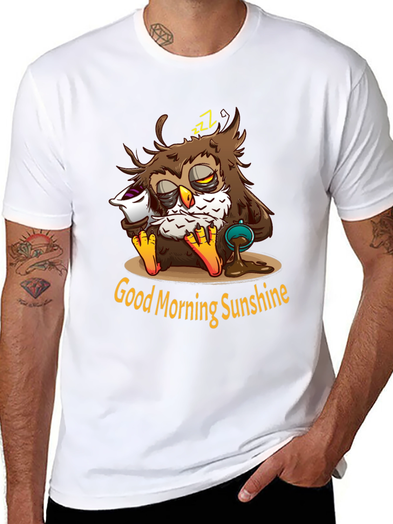 Black Funny Sleepy Owl Coffee T-Shirt - Good Morning Sunshine view 8