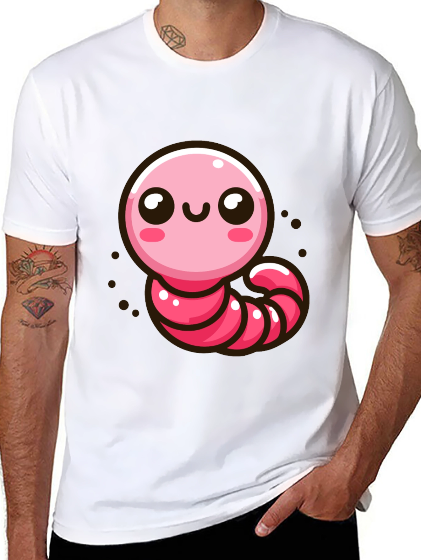 Black Cute Pink Worm Graphic T-Shirt view 8