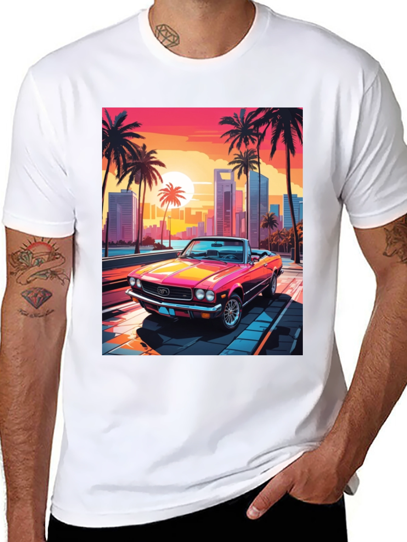 Black Retro Sunset Car Graphic Tee view 8