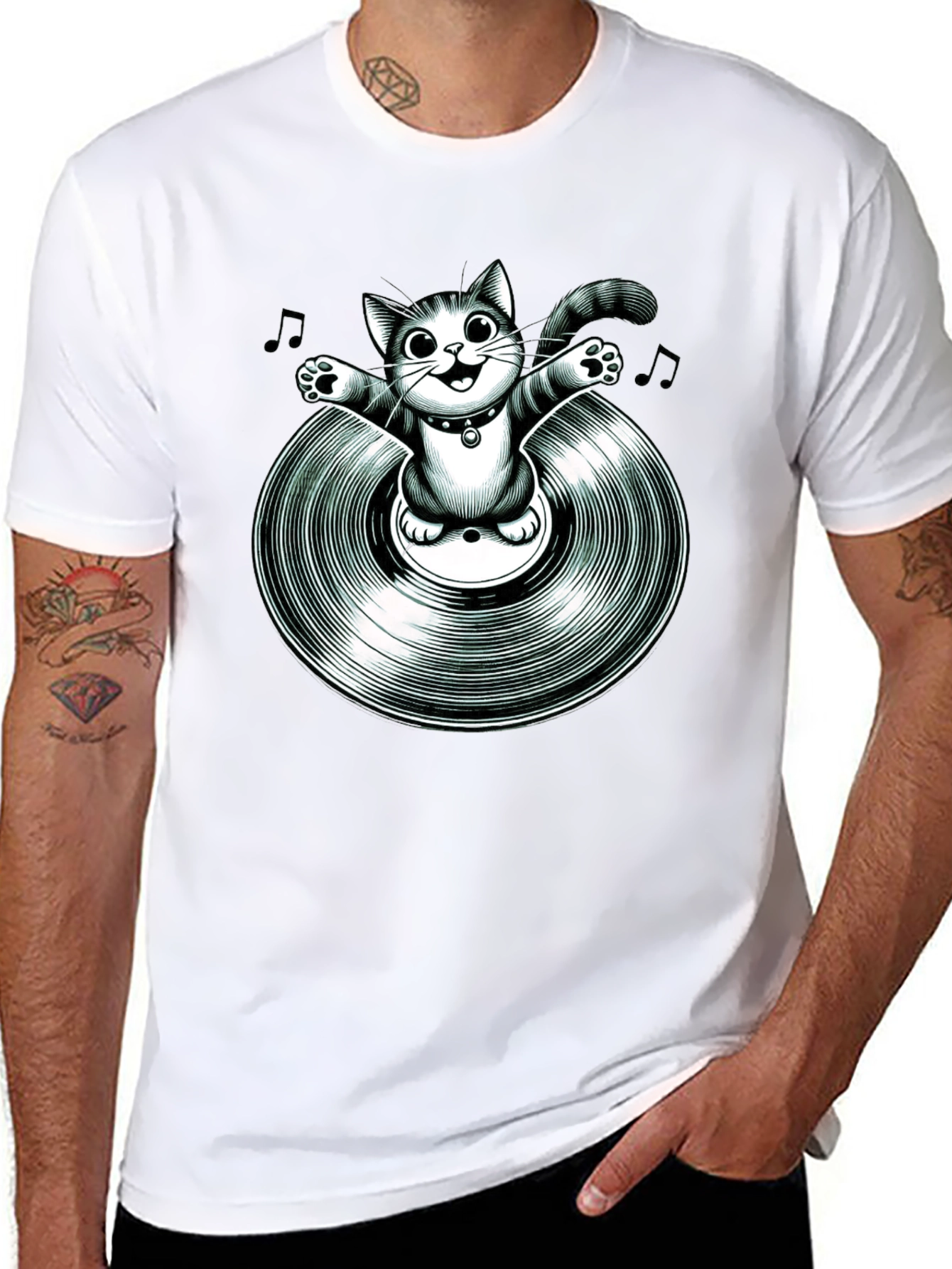 Black Cool Cat on Vinyl Record Graphic T-Shirt view 8