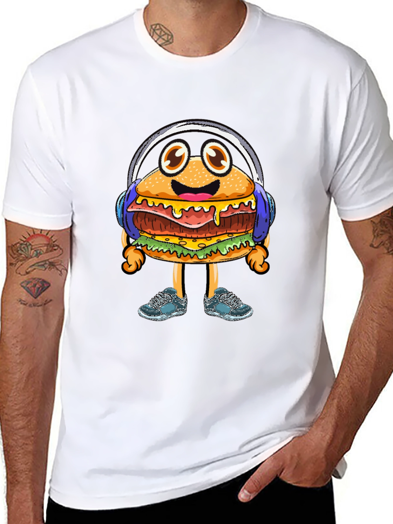 Black Burger Beats T-Shirt: Groovy Cartoon Foodie Tee view 8