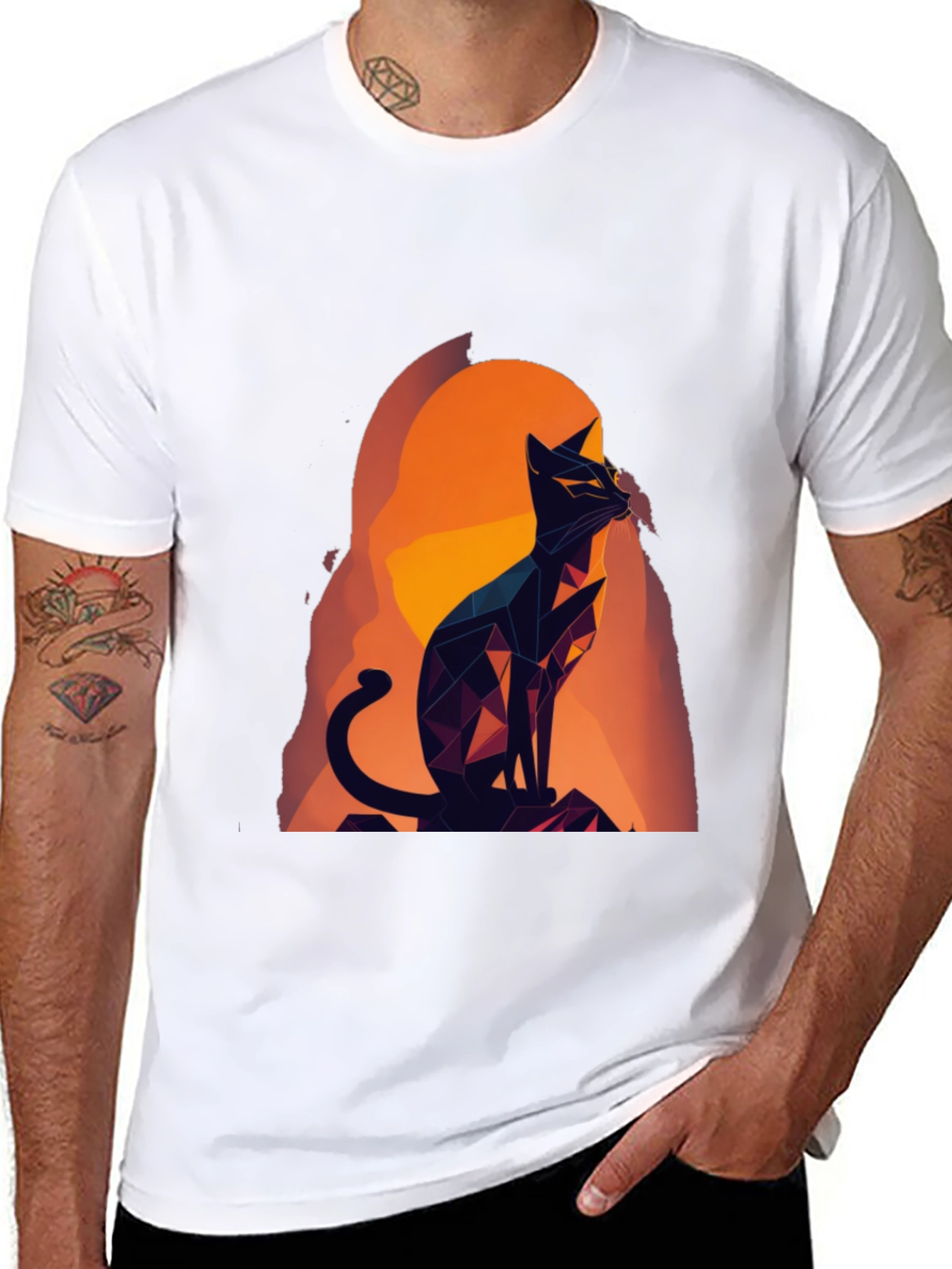 Black Geometric Cat Graphic Tee - Black Cotton Blend view 8