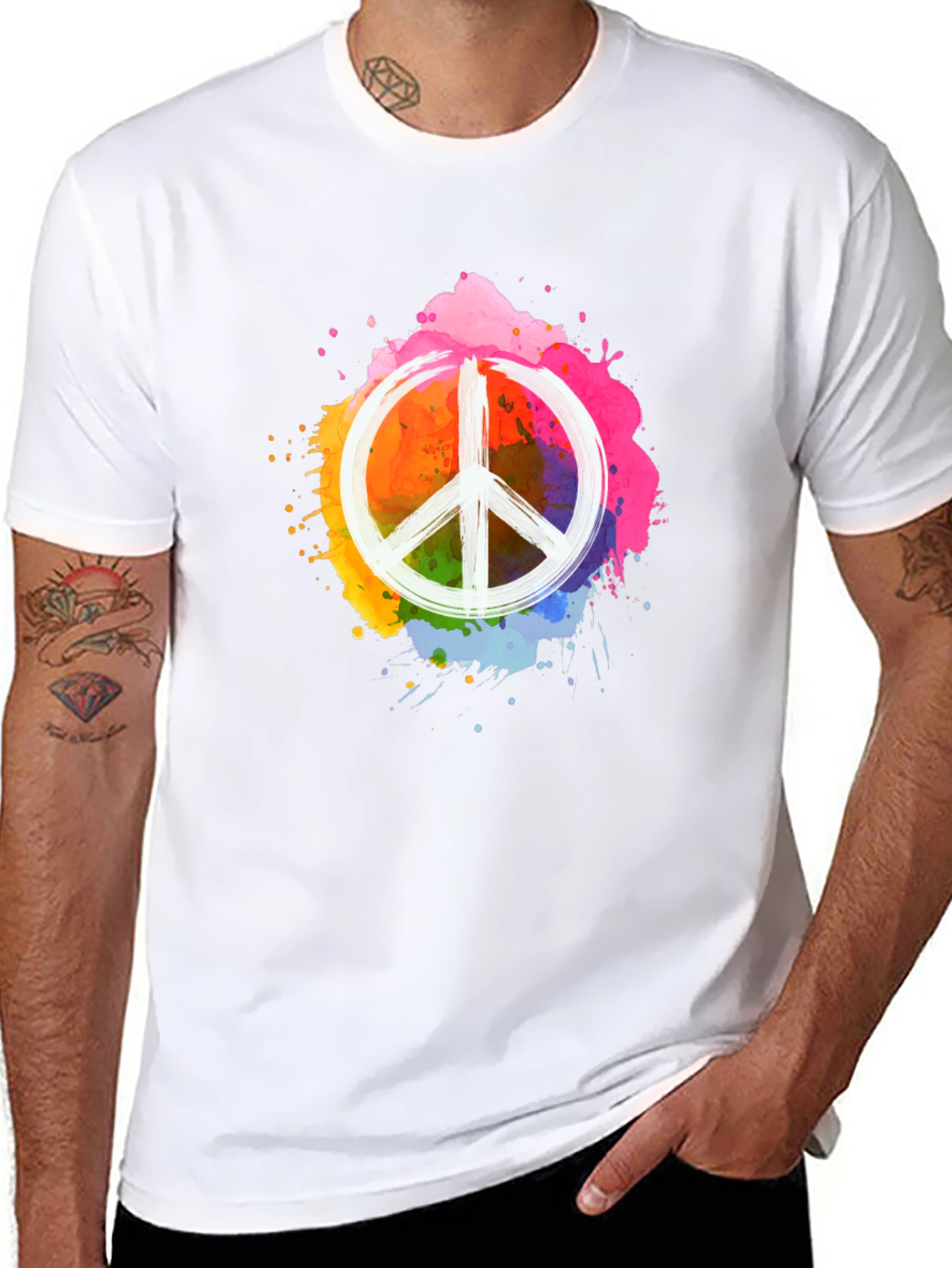 Black Peace Sign Colorful Splatter Black T-Shirt view 8