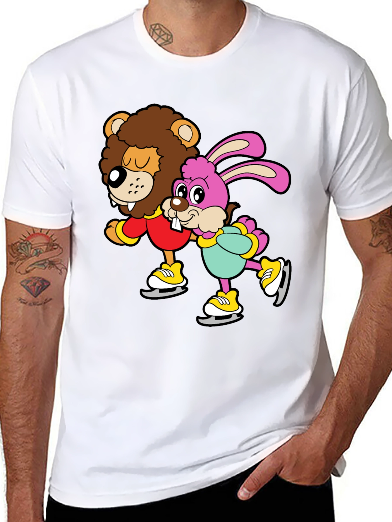 Black Lion & Bunny Ice Skating Cartoon Graphic T-Shirt view 8
