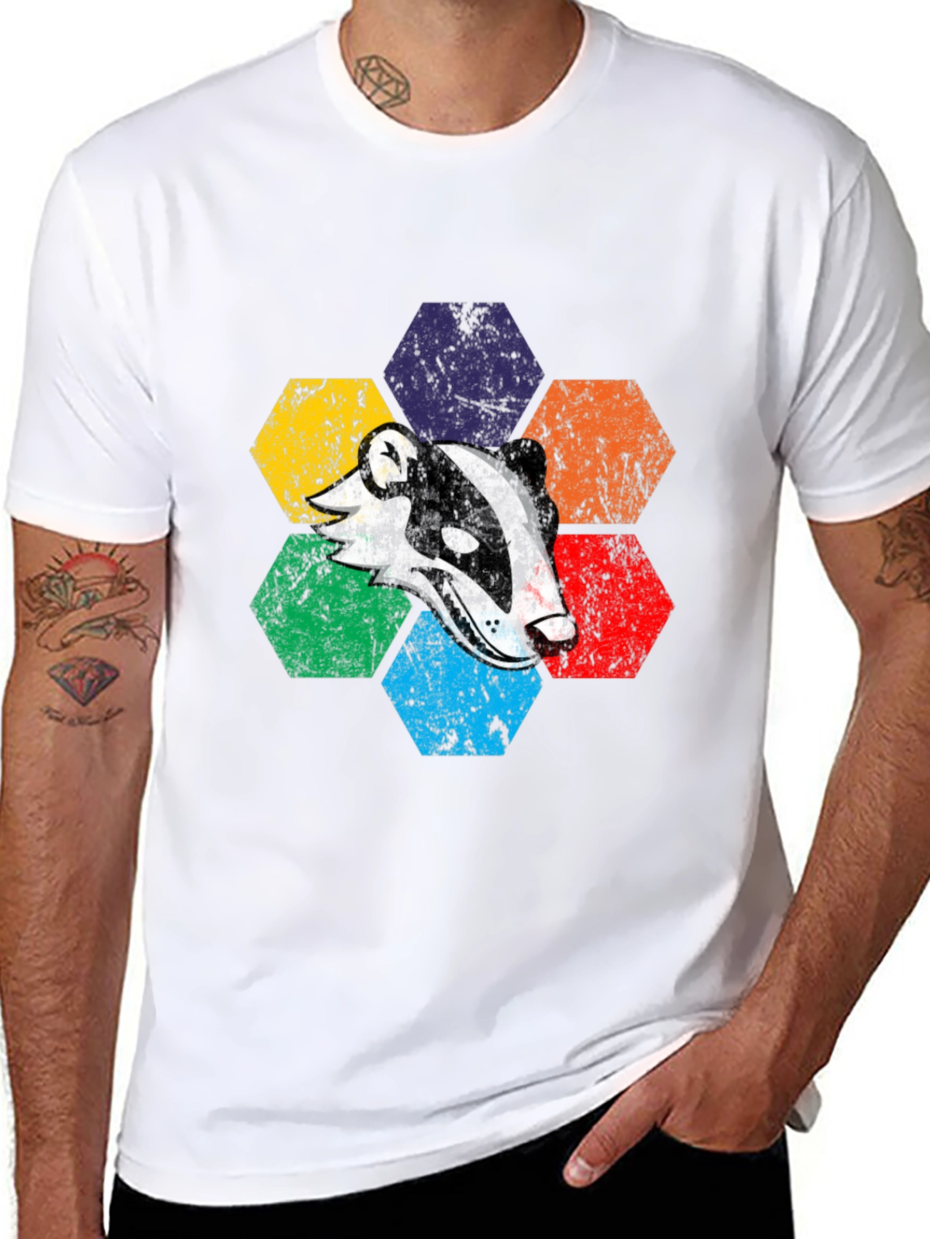 Black Retro Badger Hexagon T-Shirt - Unique Graphic Tee view 8