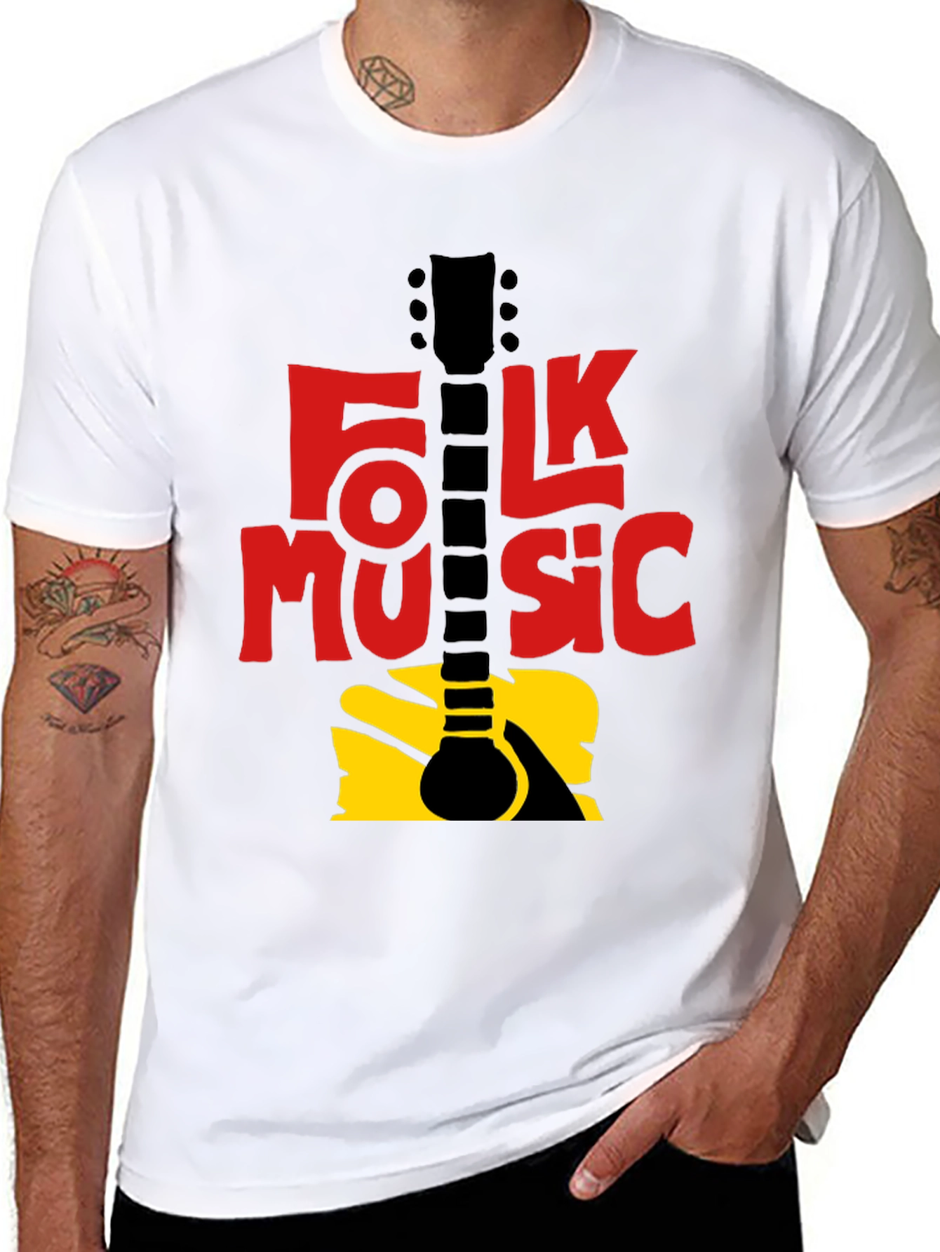 Black Folk Music Guitar Graphic T-Shirt - Black view 8