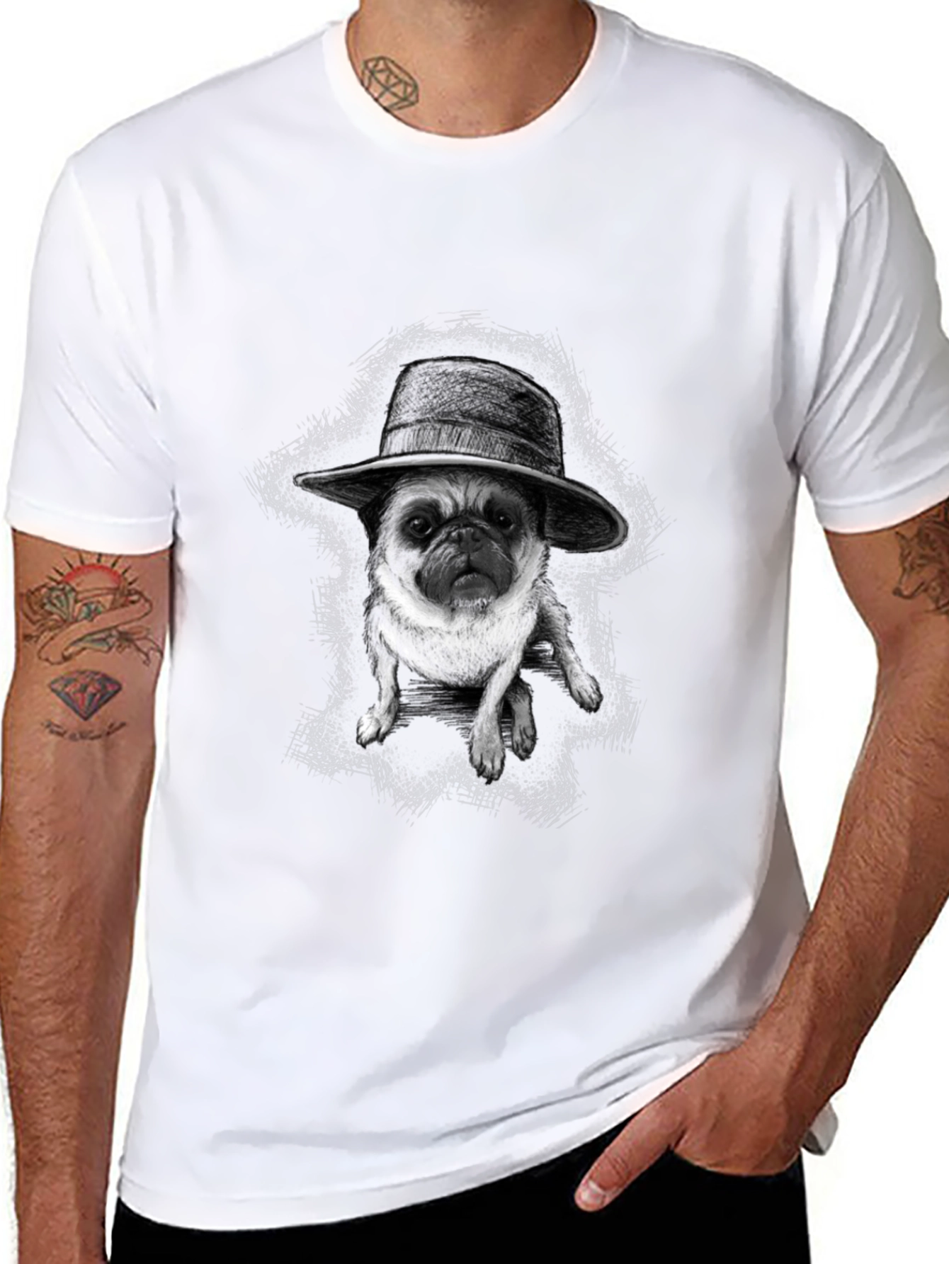 Black Pug in a Hat Graphic Tee - Trendy Black T-Shirt view 8