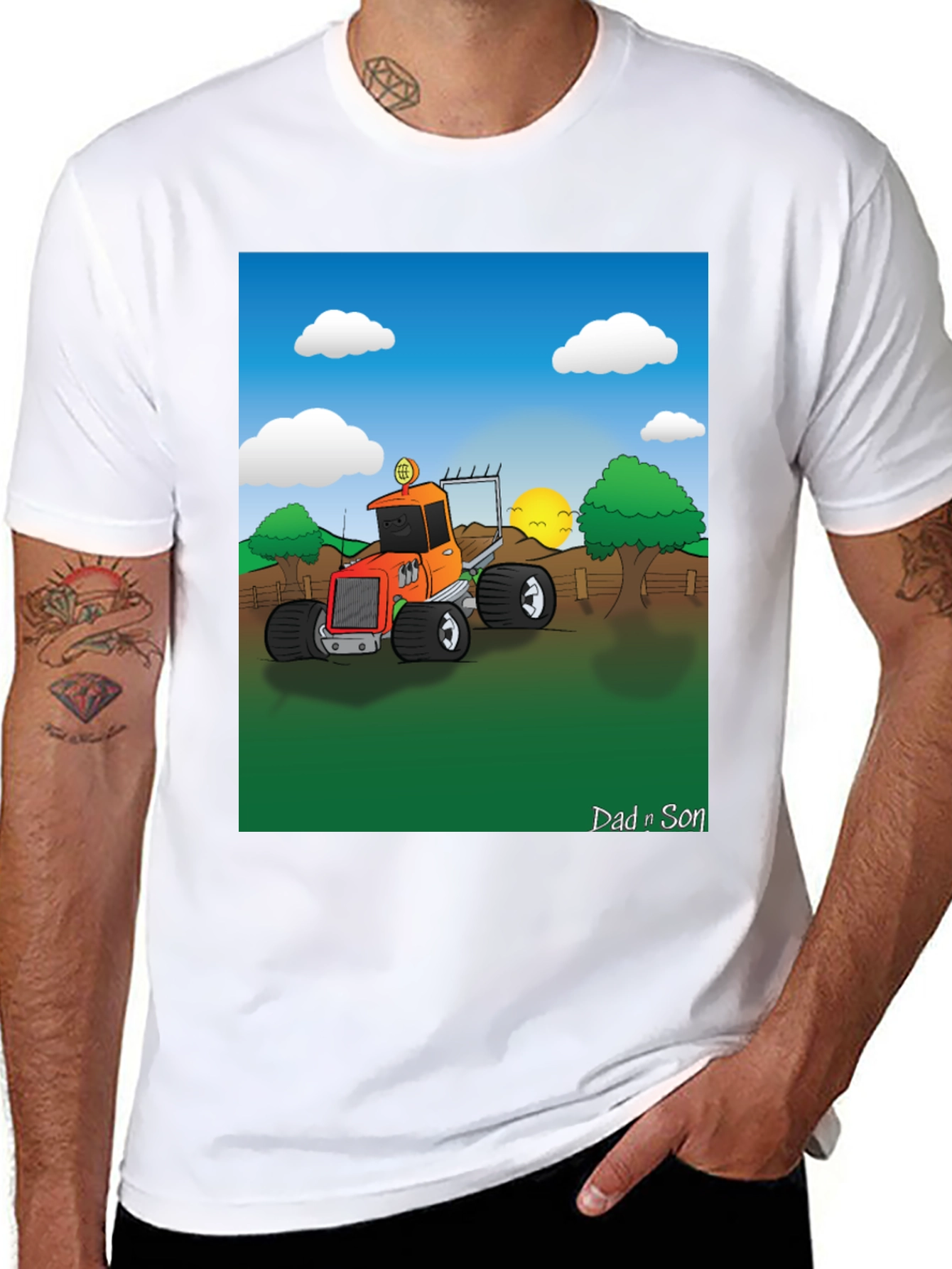 Black Dad n Son Cartoon Tractor T-Shirt view 8