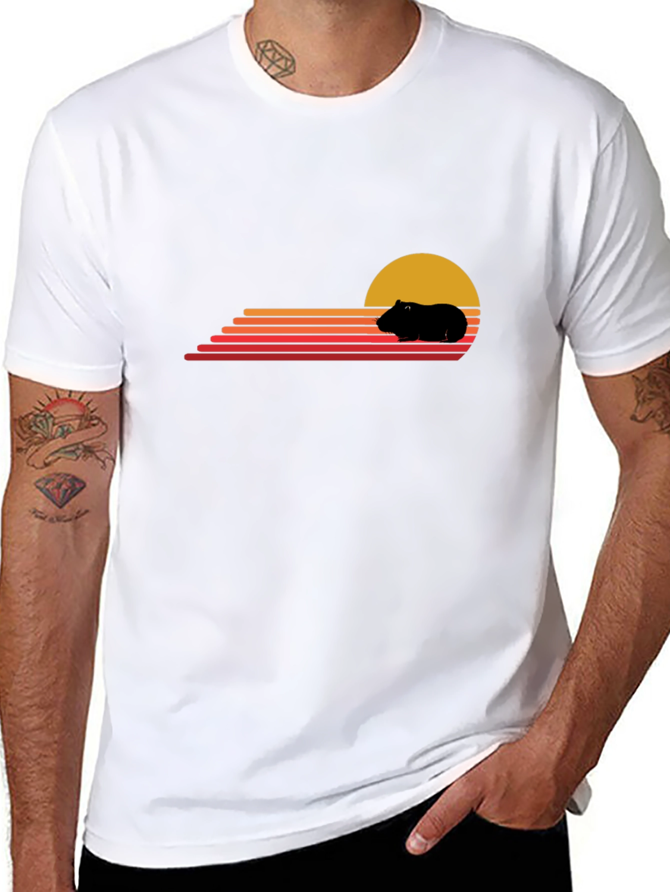 Black Retro Guinea Pig Sunset T-Shirt view 8