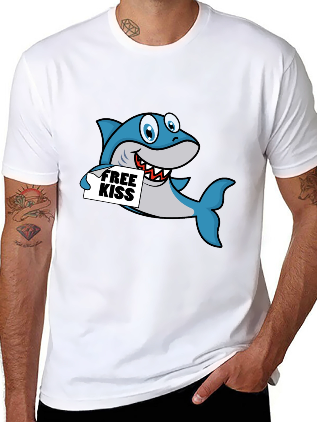 Black Funny Shark Free Kiss Graphic Tee - Black view 8