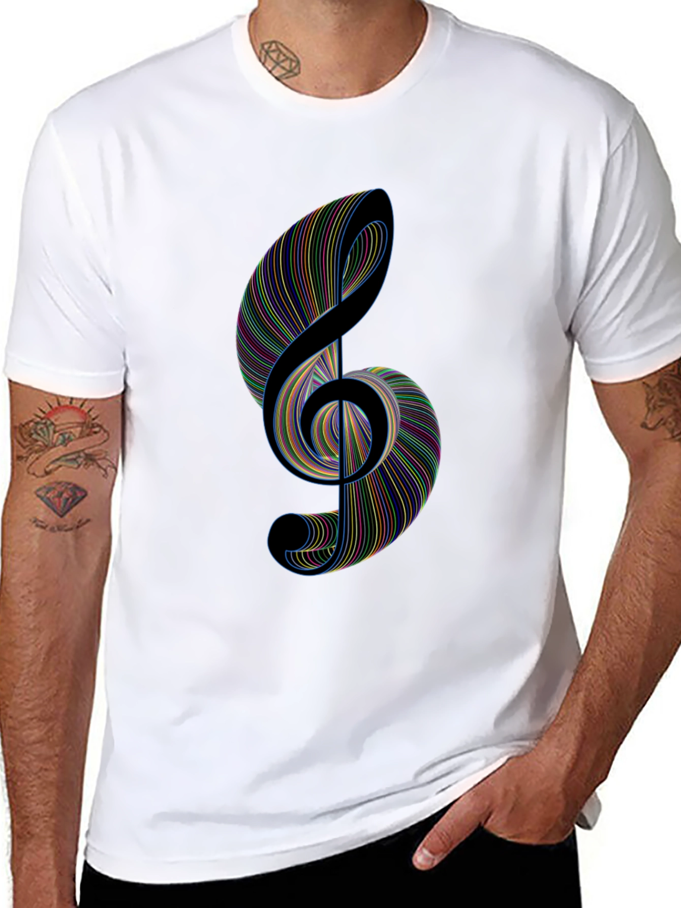 Black Treble Clef Music T-Shirt - Colorful Lines view 8