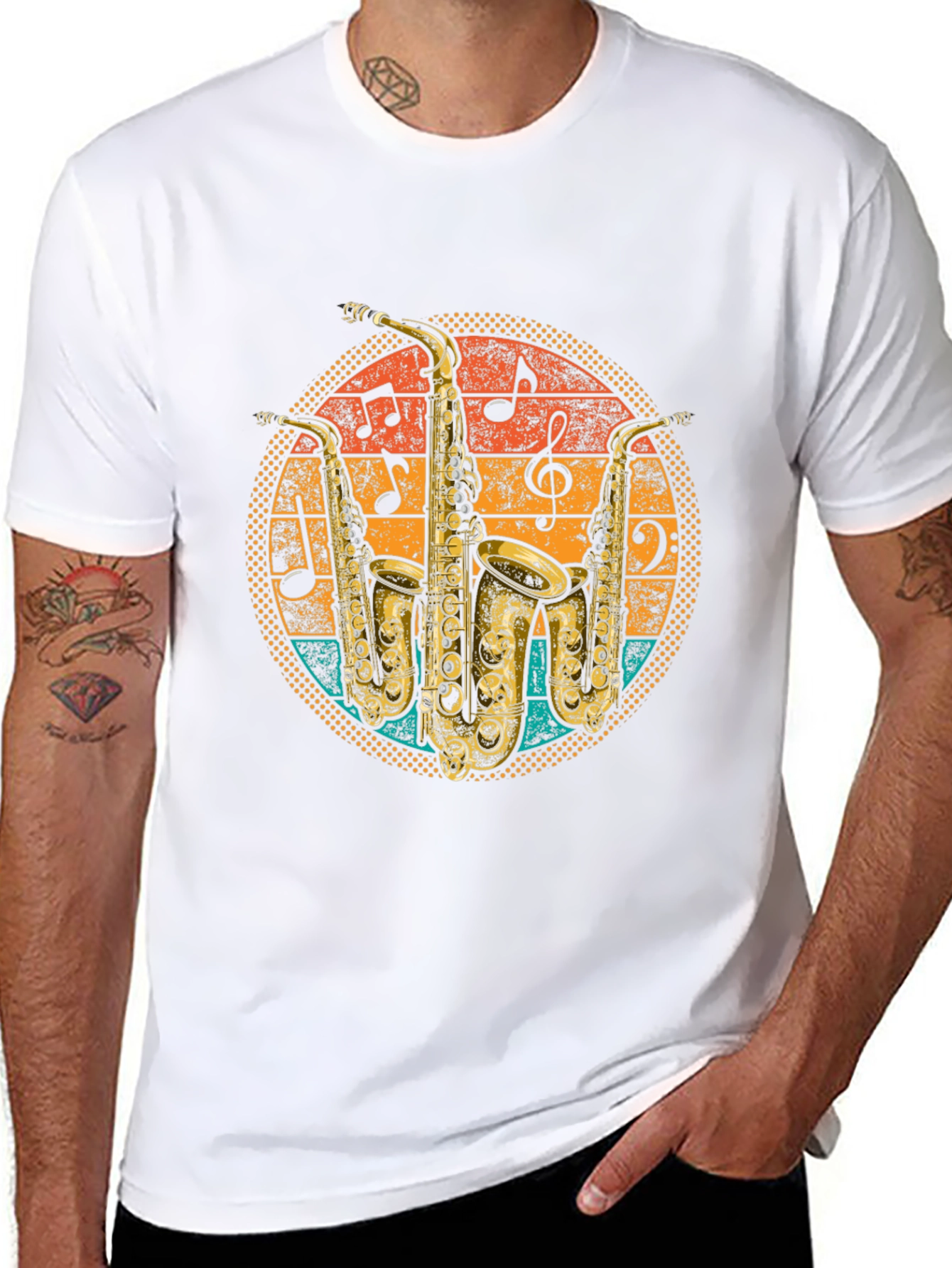 Black Retro Saxophone Music T-Shirt view 8