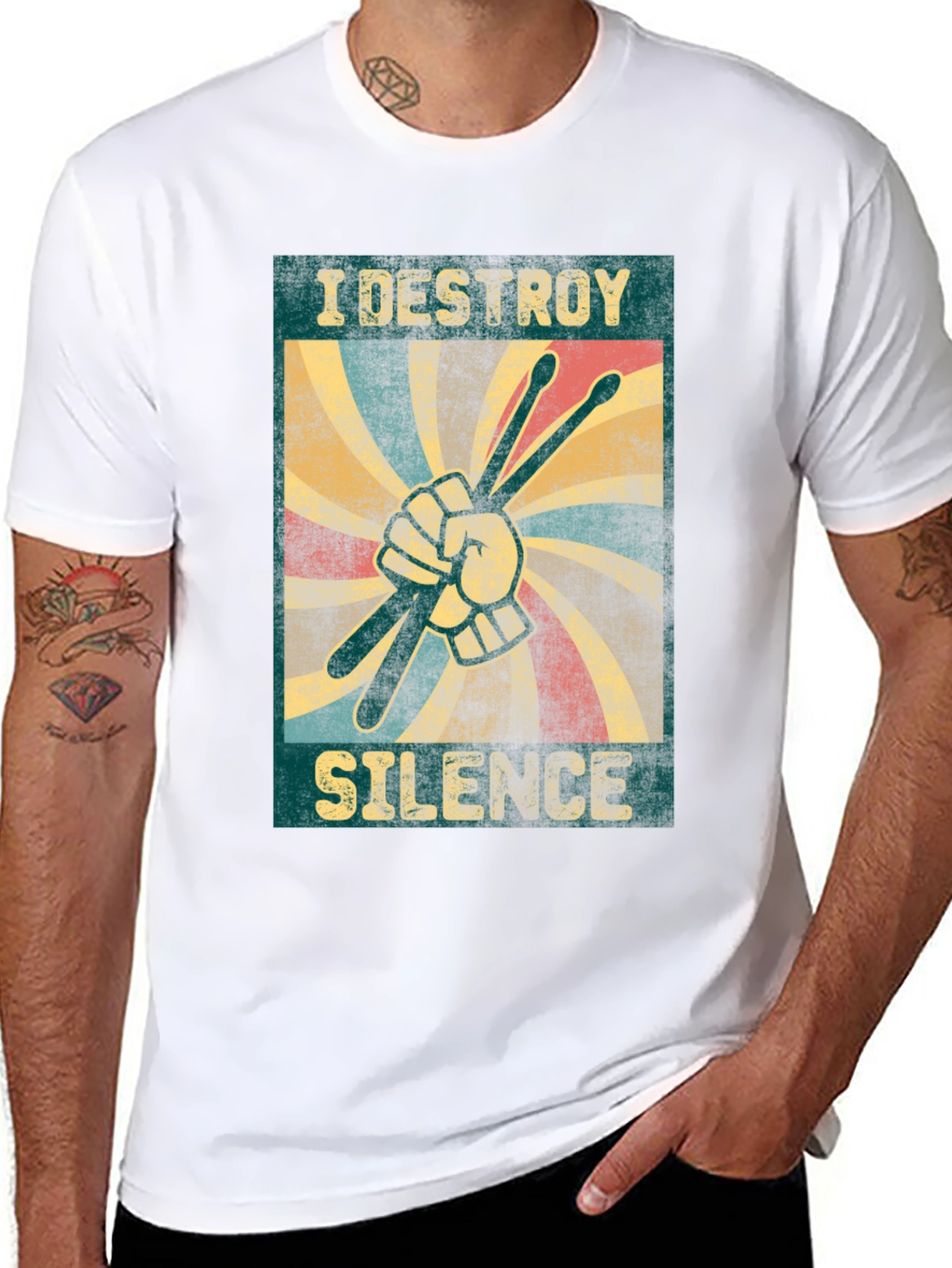 Black I Destroy Silence T-Shirt - Drummer Design view 8