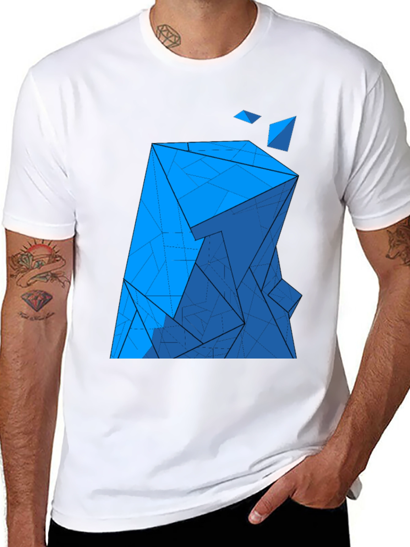 Black Abstract Blue Geometric Print Black T-Shirt view 8