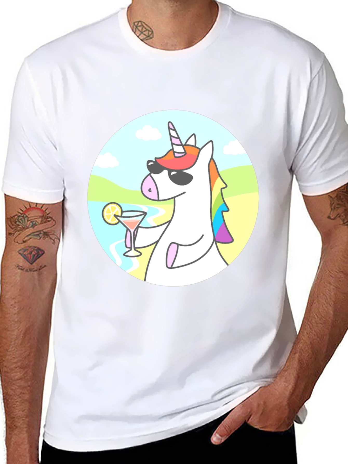 Black Cool Unicorn Cocktail T-Shirt - Black Cotton Graphic Tee view 8