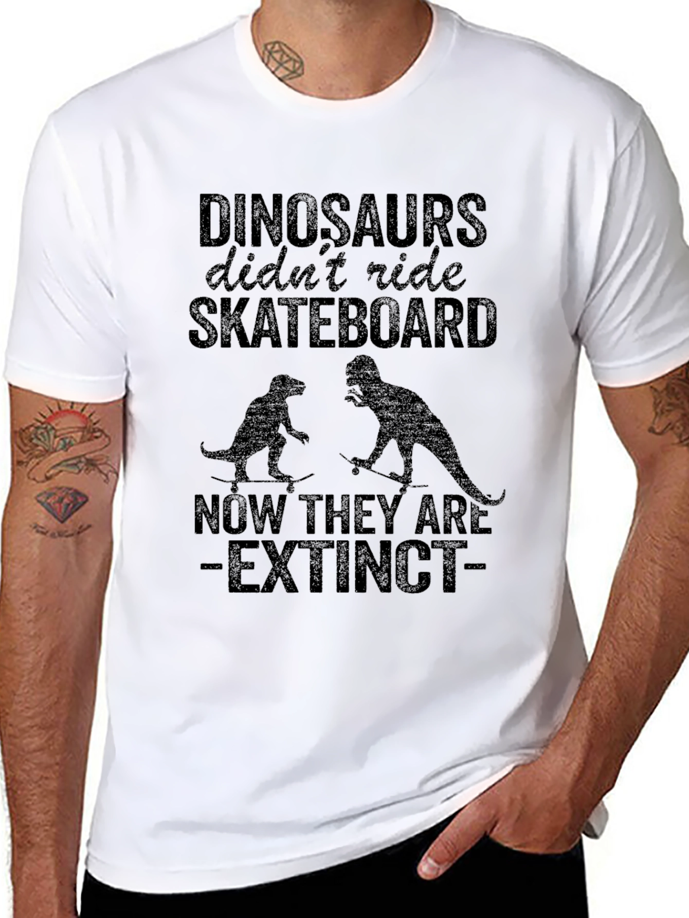 Black Dinosaurs Skateboarding Extinct T-Shirt view 8