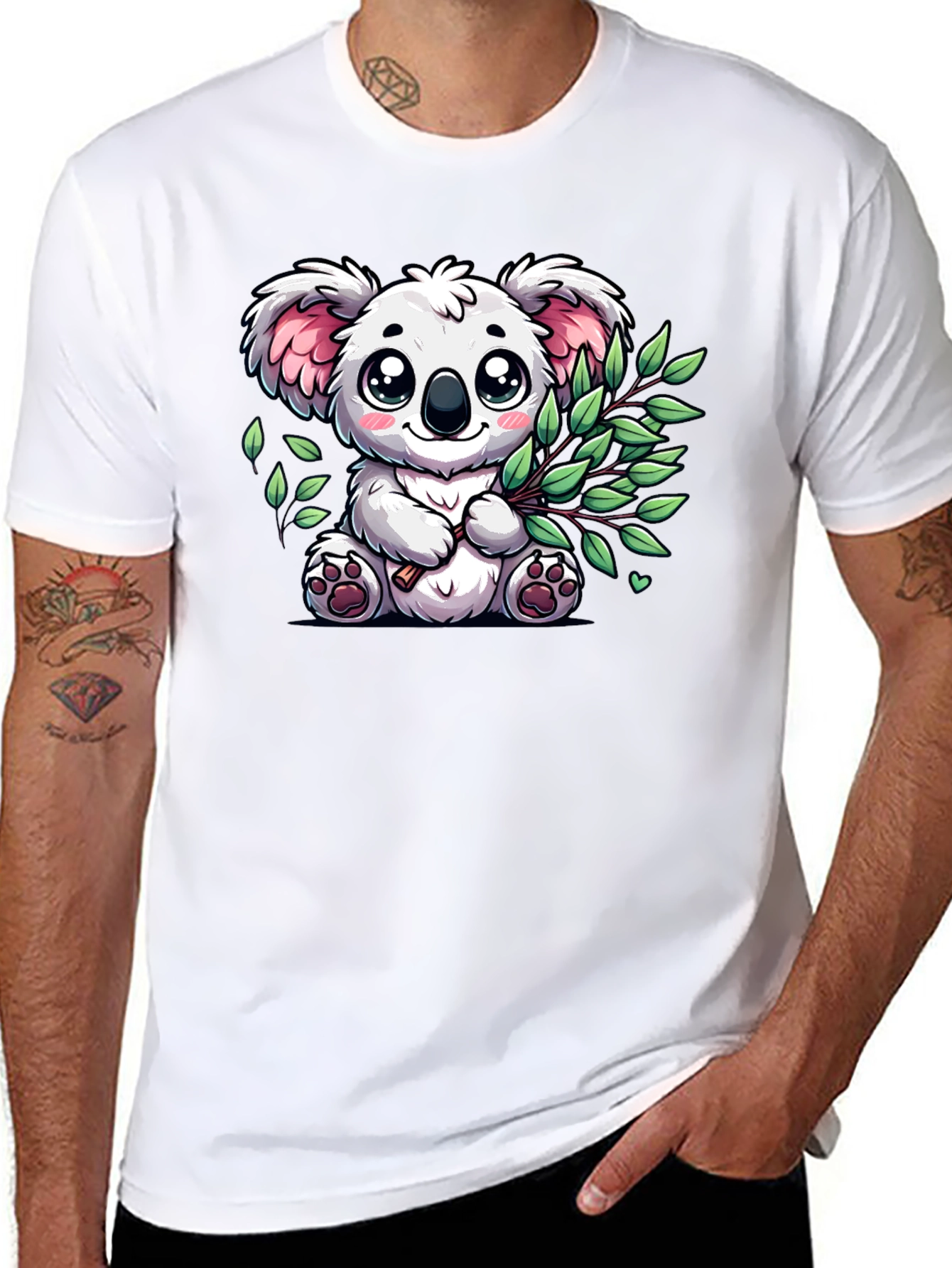 Black Cute Koala Bear Graphic Tee - Black Cotton T-Shirt view 8