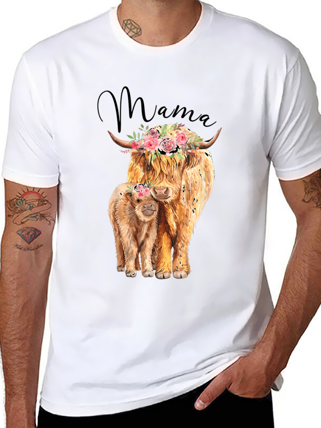 Black Mama Highland Cow T-Shirt: Floral Crowned Cow & Calf Tee view 8