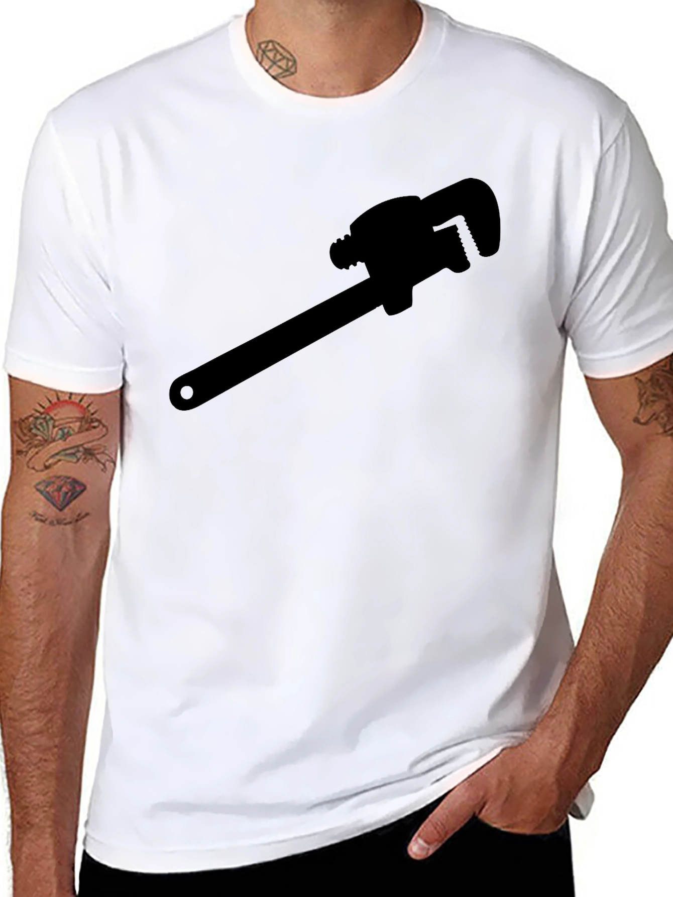 Black Plumber Wrench Graphic Tee - Black Cotton T-Shirt view 8