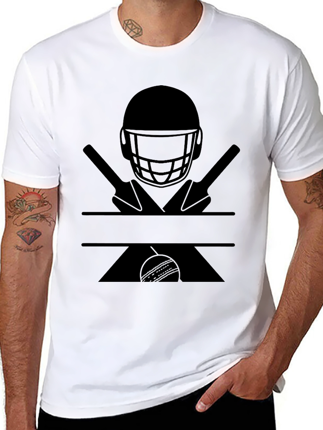 Black Cricket Helmet, Bats, and Ball Graphic Tee view 8