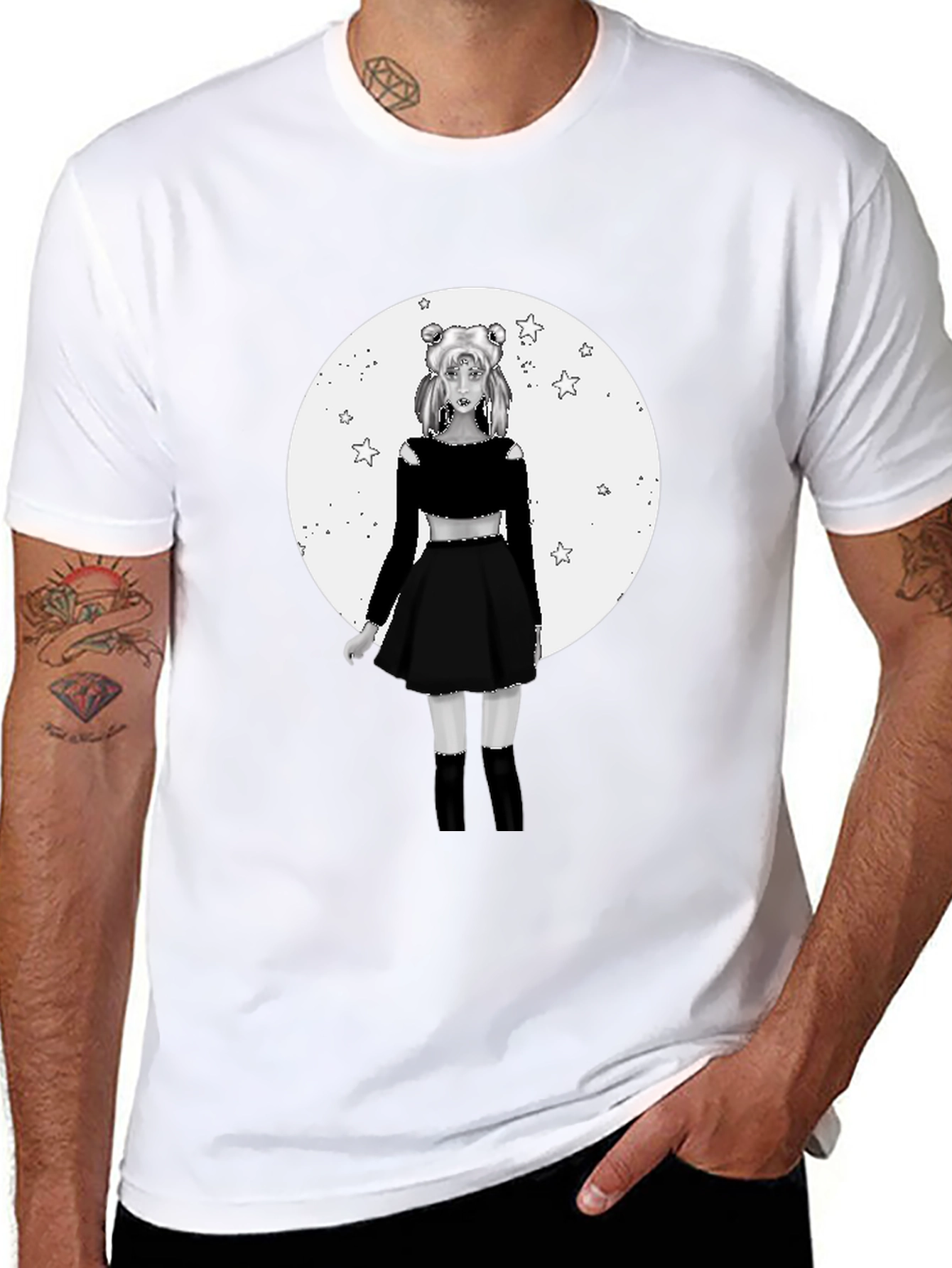 Black Anime Girl Moon Graphic Black T-Shirt view 8