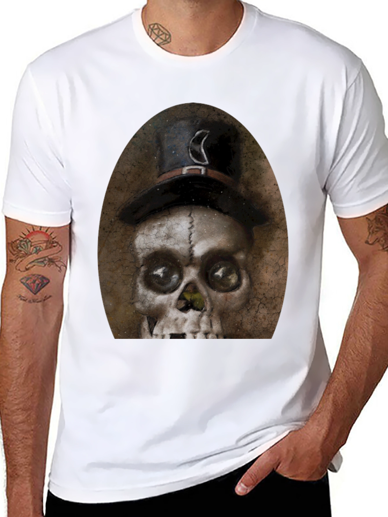 Black Skull with Top Hat Graphic Tee - Men's Black T-Shirt view 8