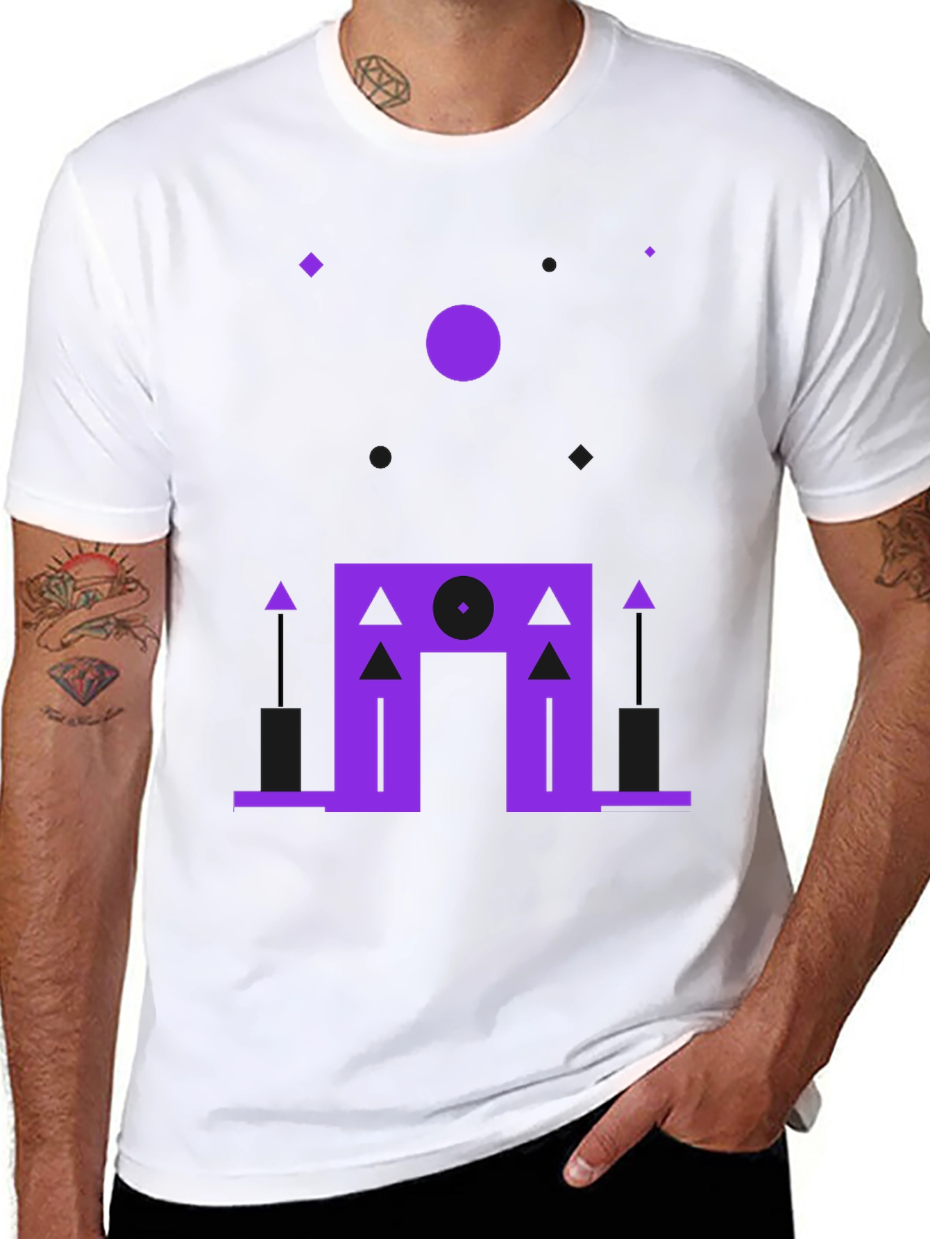 Black Geometric Purple Design Black T-Shirt view 8